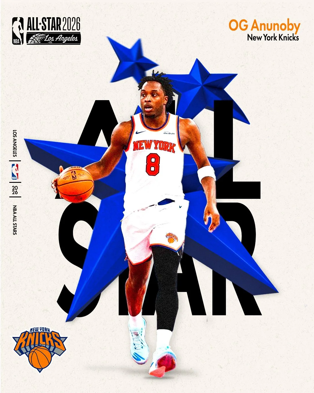 OG Anunoby of the New York Knicks player during NBA All-Star 2026 in Los Angeles, seen with a basketball, the Knicks logo, and blue stars in the background.