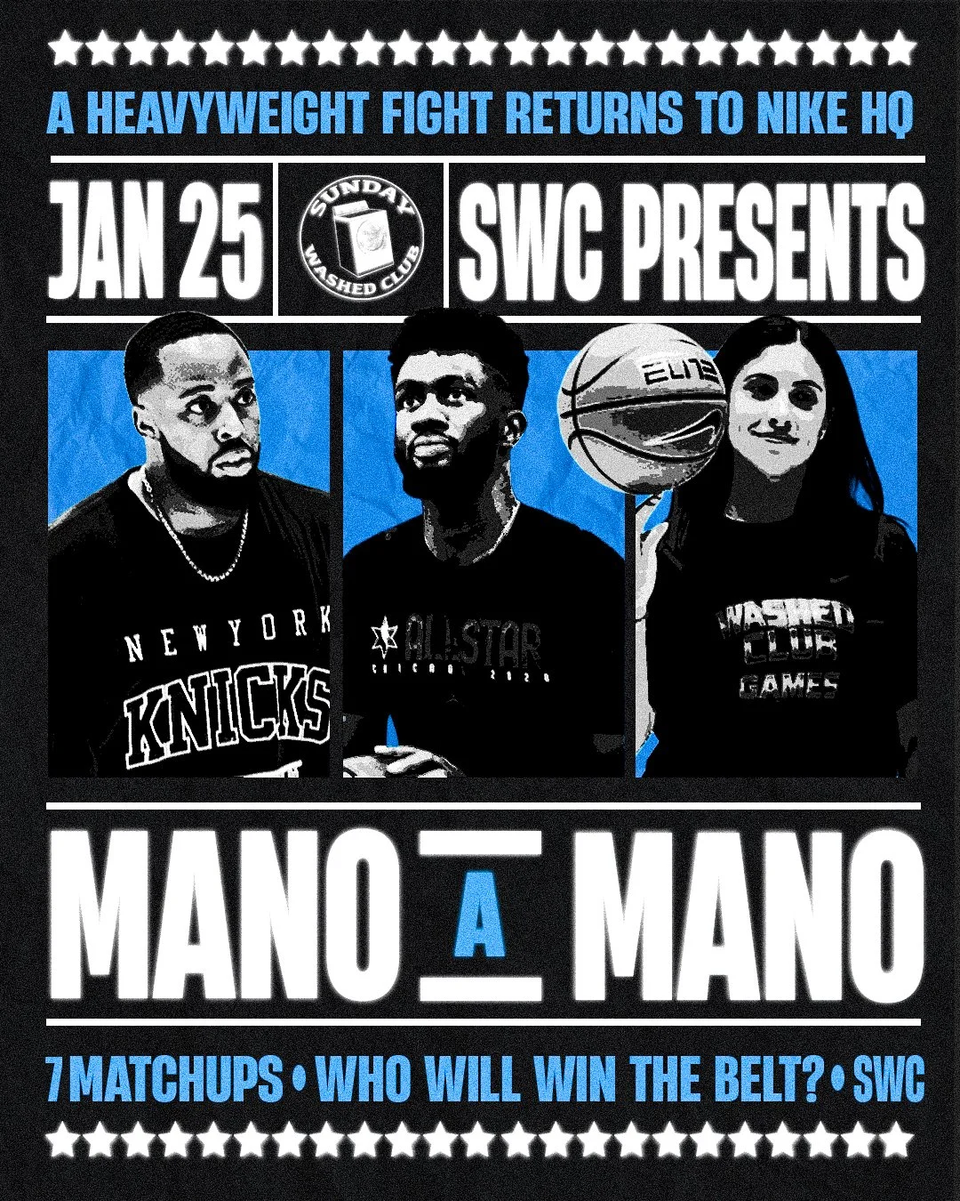 Poster advertising a basketball event titled "Mano a Mano" featuring three individuals, one wearing a New York Knicks shirt, another in a Dallas Stars hockey shirt, and the third holding a basketball. The event is scheduled for January 25 at the SunD