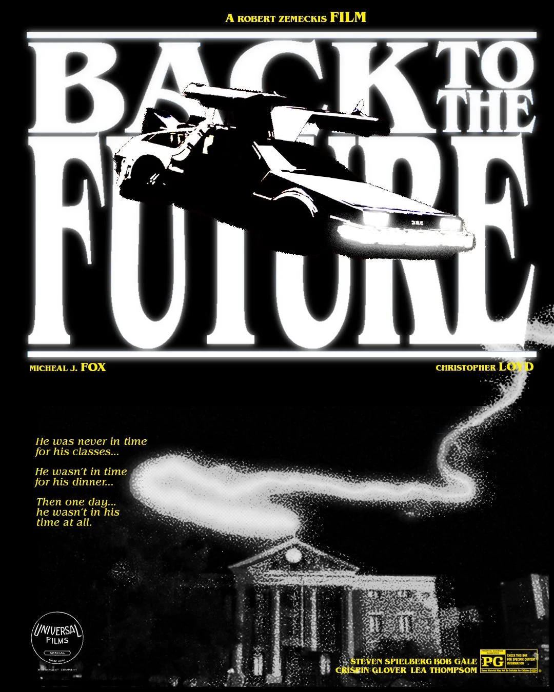 BACK TO THE FUTURE POSTER, GRAPHIC DESIGN, MOVIE POSTER. A poster for the film "Back to the Future" featuring the DeLorean time machine flying above a house, with text and credits.
