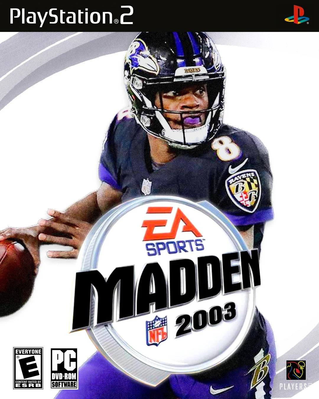 Cover art for Madden NFL 2003 video game featuring a football player in a Baltimore Ravens uniform holding a football, with the Madden logo and game details.