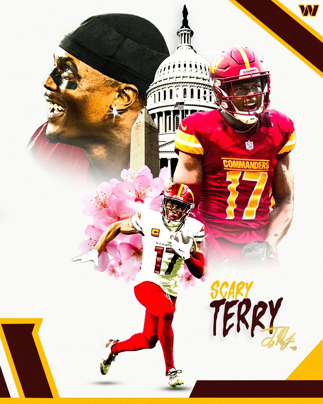 Collage of legendary NFL player Scary Terry, featuring a large portrait of him smiling, a full-body image of him in a white and red uniform running, a close-up of him in a red and yellow team jersey with the number 17, an illustration of a government