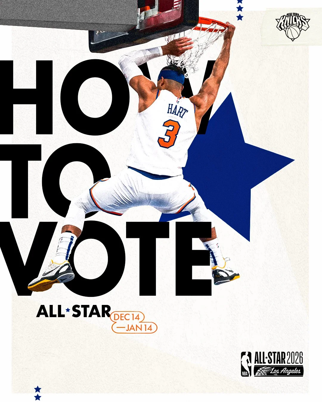 A basketball player wearing a white New York Knicks jersey with the number 3 and between his legs, jumping and dunking a basketball into the hoop. The background has large black text that says "HOW TO VOTE." The poster promotes the NBA All-Star game 