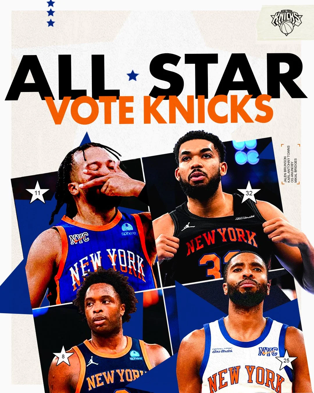 NEW YORK KNICKS ALL-STAR POSTER, GRAPHIC DESIGN, LOS ANGELES 2026, Poster with photos of New York Knicks players and the slogan 'All Star Vote Knicks' in bold black and orange letters, featuring a collage of four players in Knicks jerseys.