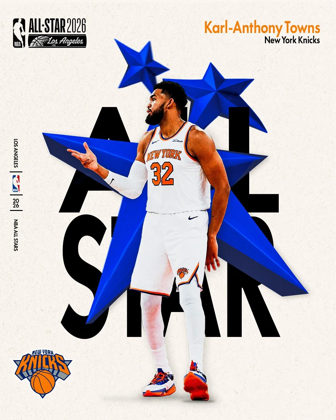 Image of New York Knicks player Karl-Anthony Towns in a basketball uniform, standing against a graphic background featuring blue 3D stars and the words All-Star 2026 Los Angeles. The Knicks logo with an orange basketball is at the bottom left, and hi