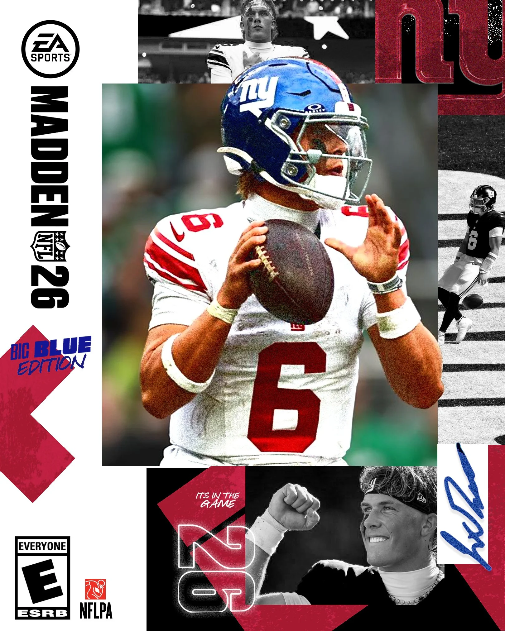 Video game cover art for Madden NFL 26 featuring a football player in a blue helmet with a number 6 jersey. Also includes images of players and athletes, some in black-and-white and others in color, with various logos and text about the game.