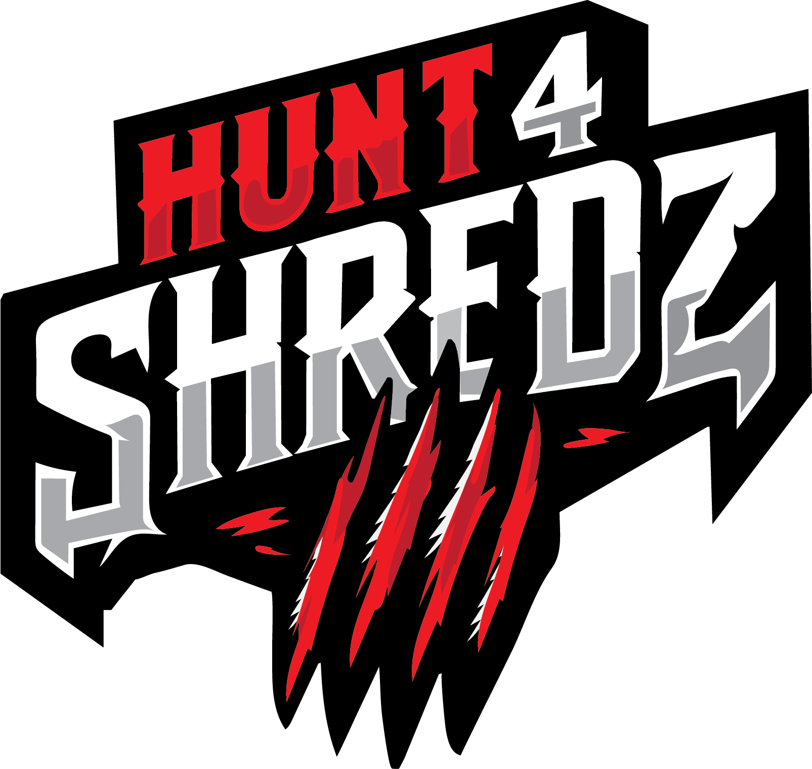 Logo for 'Hunt 4 Shrieuz' with jagged red and white text on black background, featuring claw marks.