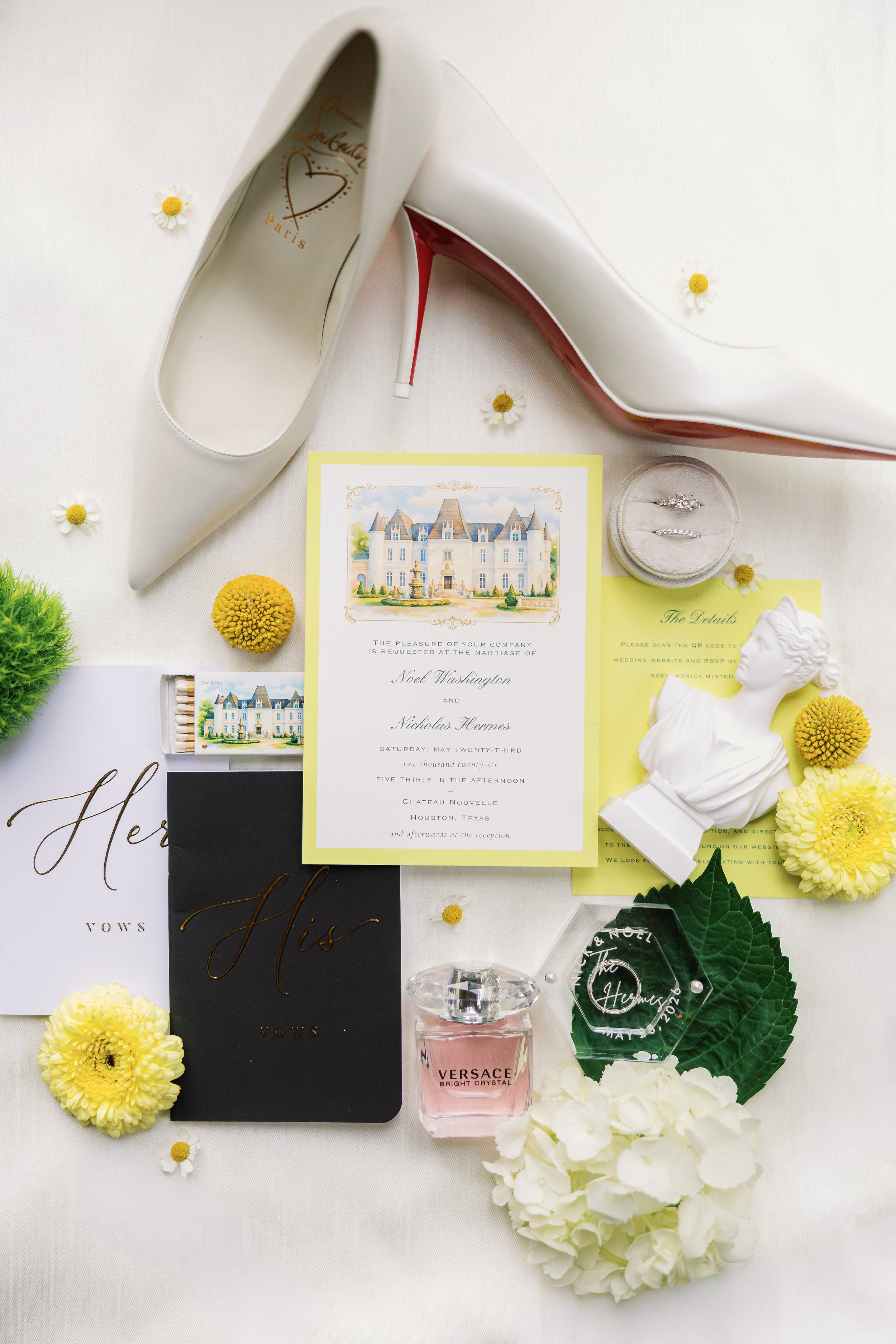 Flat Lay design for May 2026 wedding at Chateau Nouvelle