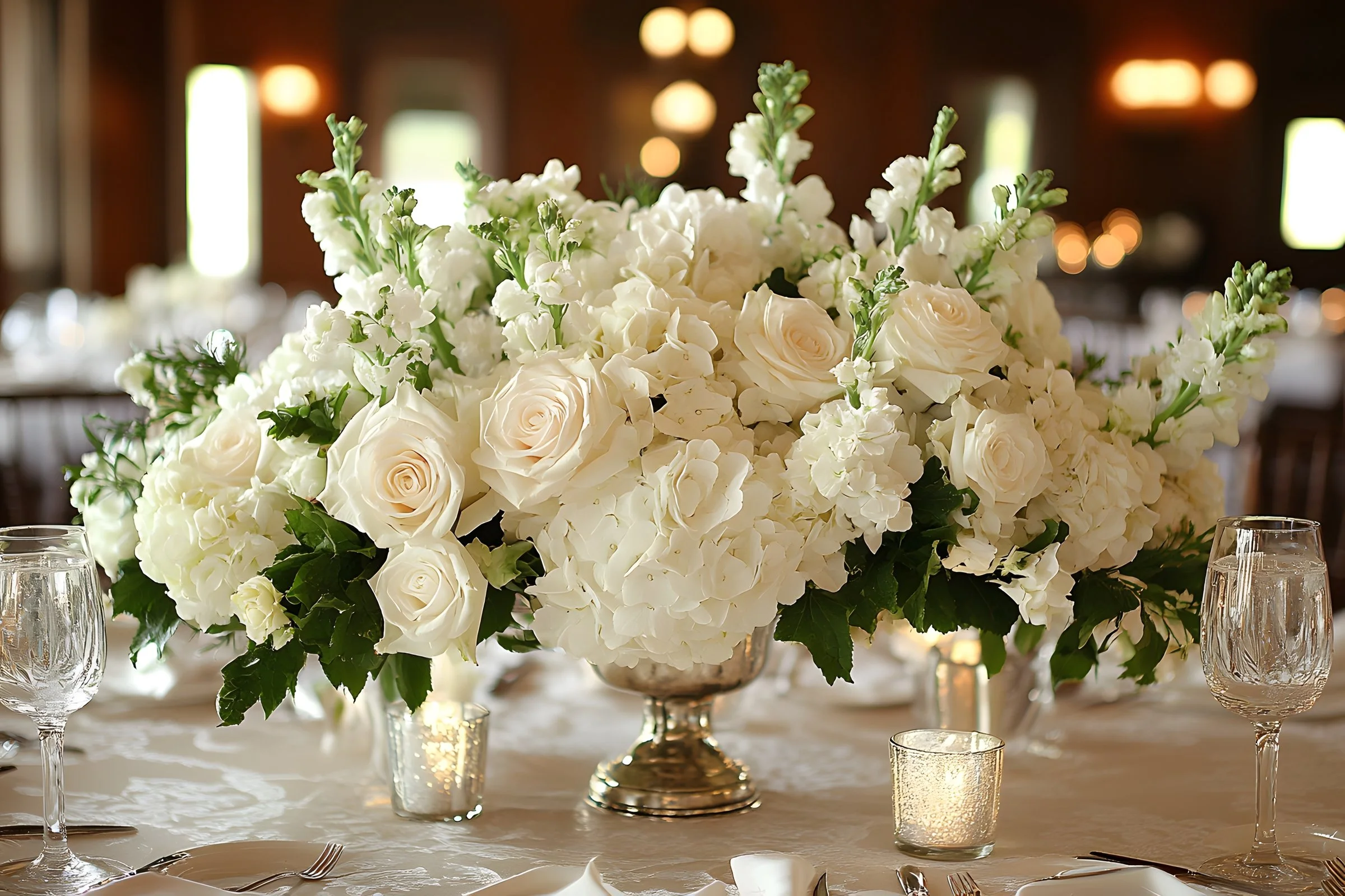 Elegant table centerpiece with white roses, hydrangeas, and greenery in a silver bowl on a wedding or event table with candles and glassware.