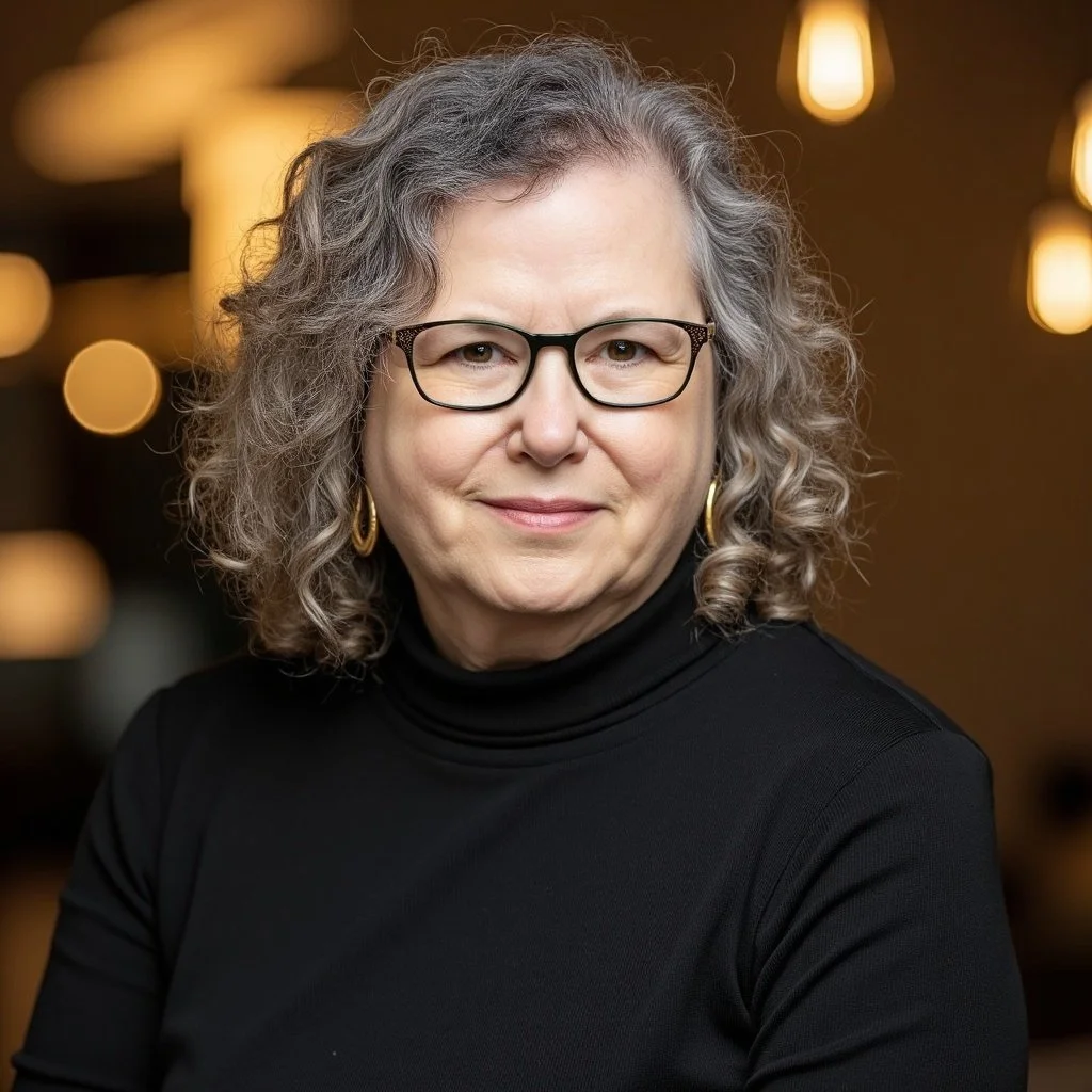 A woman with curly gray hair, wearing glasses, gold hoop earrings, and a black turtleneck, smiling in an indoor setting with warm lighting.