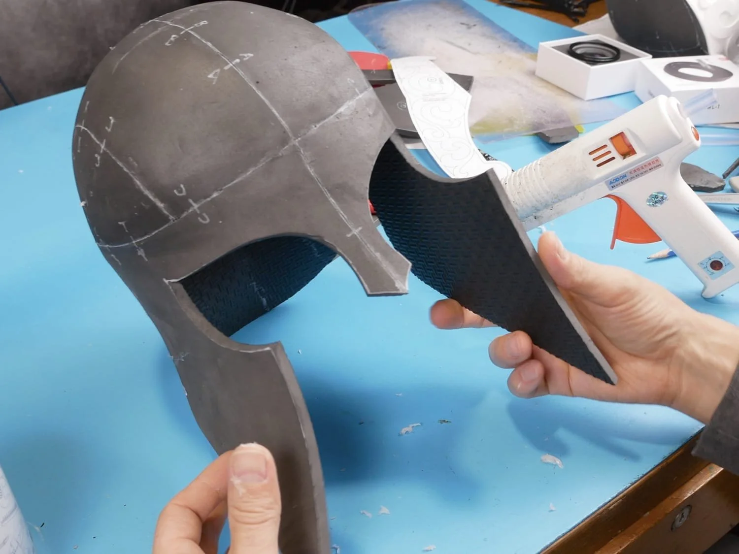 helmet with the cheek guards still flat