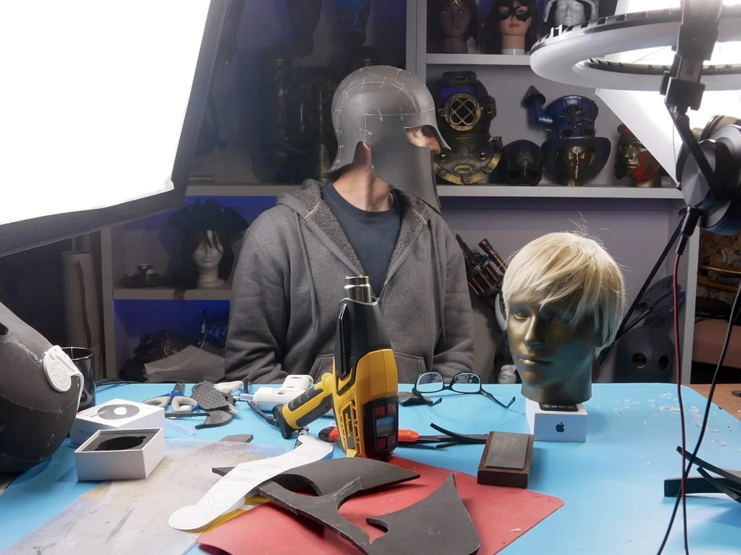 trying on the helmet