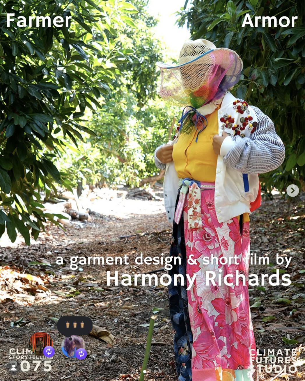 Harmony Richards wearing her custom made piece titled Farmer Armor. Featured on Instagram in a collaborated post with Climate Futures