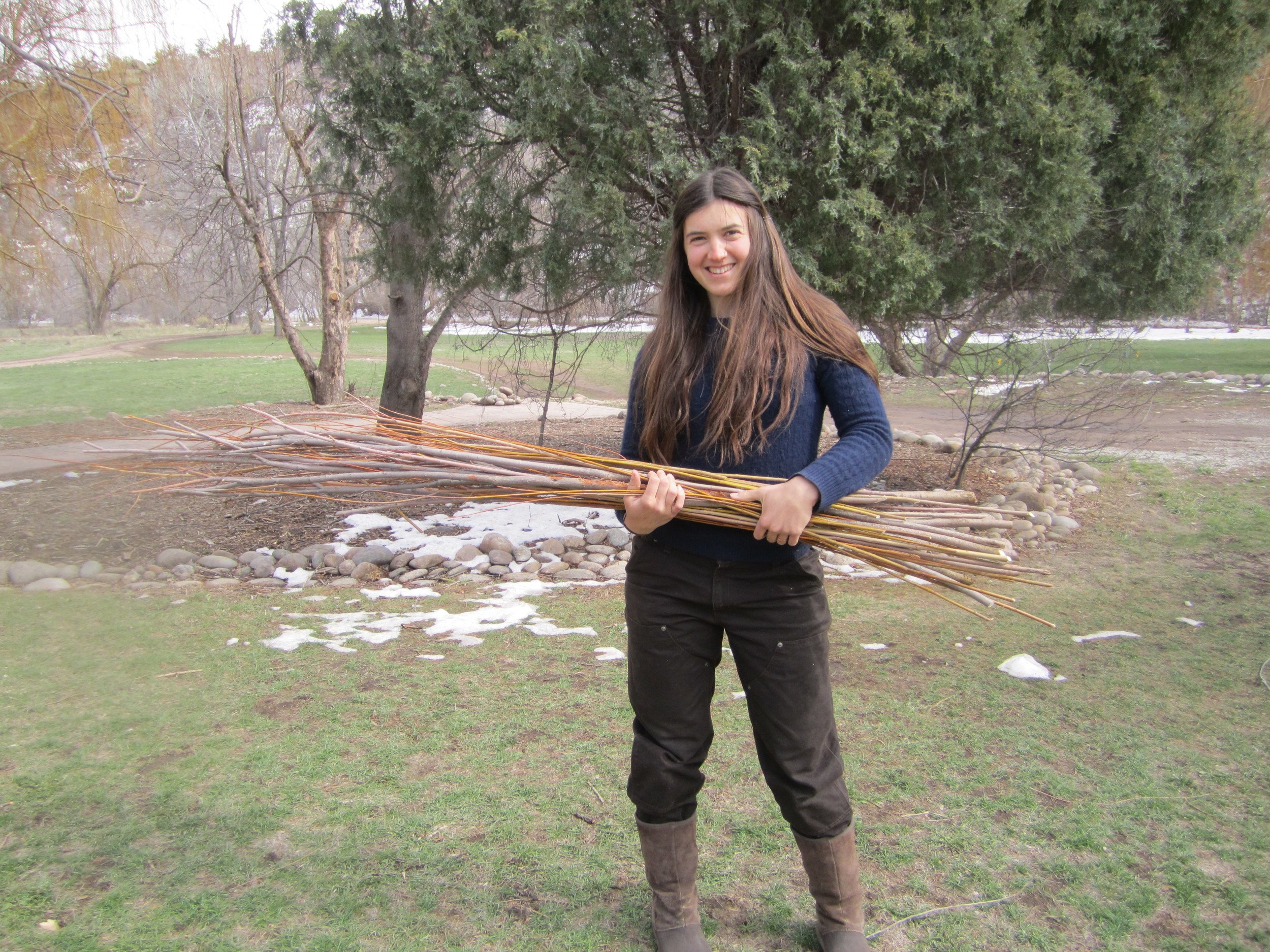 Person holding a bundle of sticks outdoors