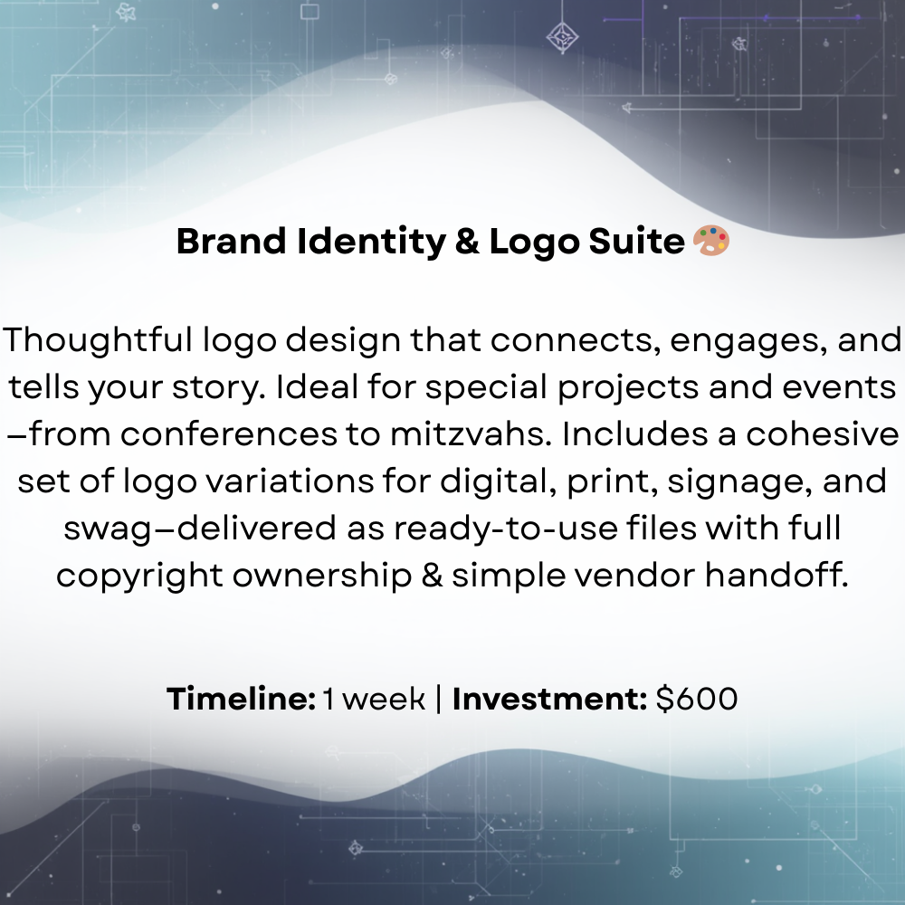 Digital graphic design showcasing a promotional advertisement for a brand identity and logo suite, featuring a modern tech-inspired background with abstract lines and shapes, and text describing the logo design services, timeline, and cost.