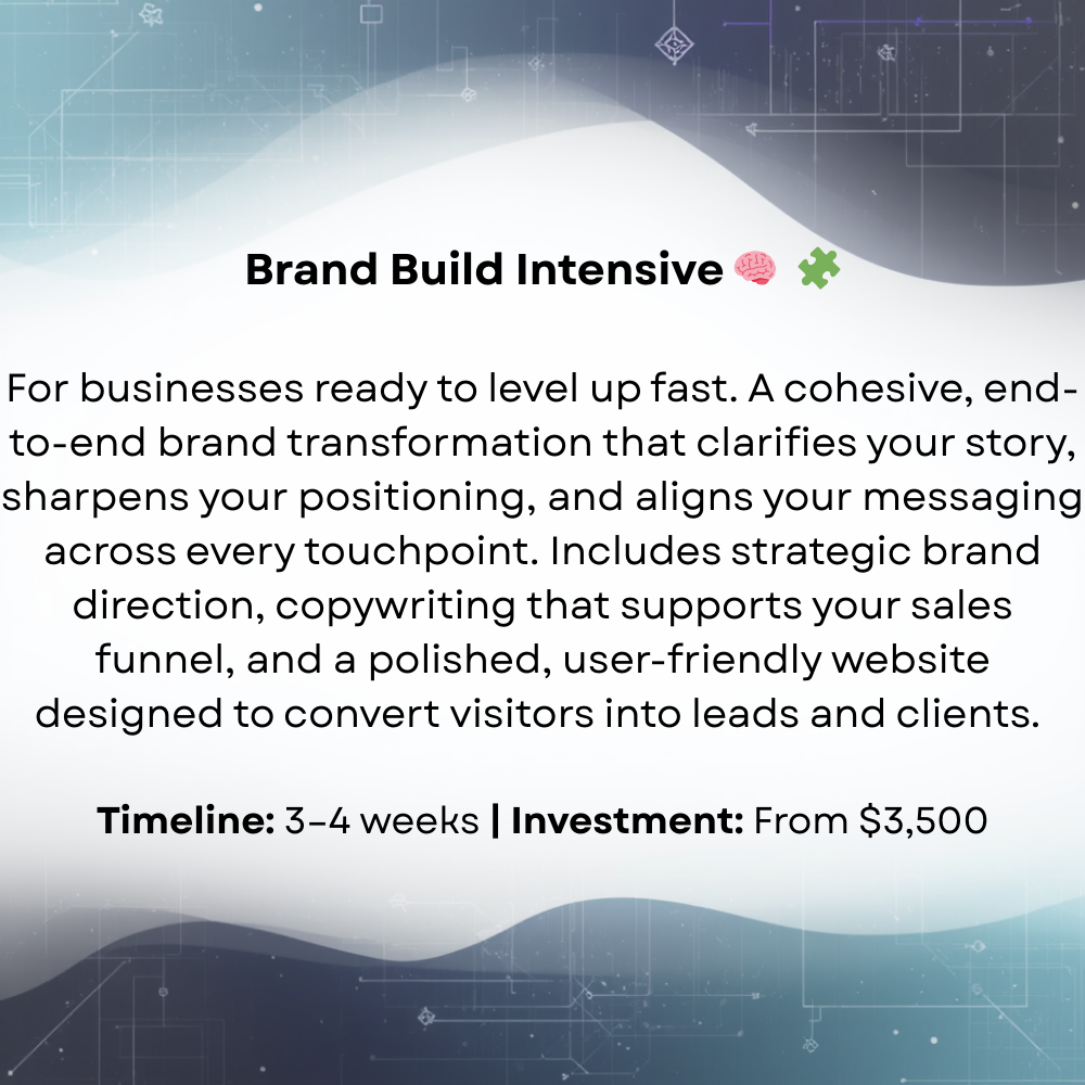 A digital marketing promotion for 'Brand Build Intensive,' a brand transformation service for businesses, highlighting its fast 3-4 week timeline and starting at $3,500 investment, with icons of a brain and puzzle piece.