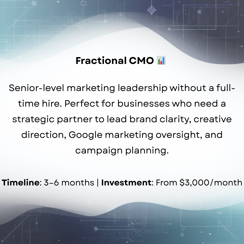 A digital marketing service advertisement for Fractional CMO with a futuristic design background, highlighting senior-level marketing leadership without full-time hire, including details about timeline and investment costs.