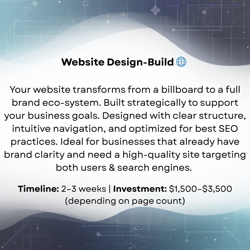 Advertisement for website design-build services with a digital background. Contains text about transforming a website into a full brand ecosystem, supporting business goals, SEO optimization, and targeting both users and search engines. Mentions a timeline of 2-3 weeks and an investment range of $1,500 to $3,500.