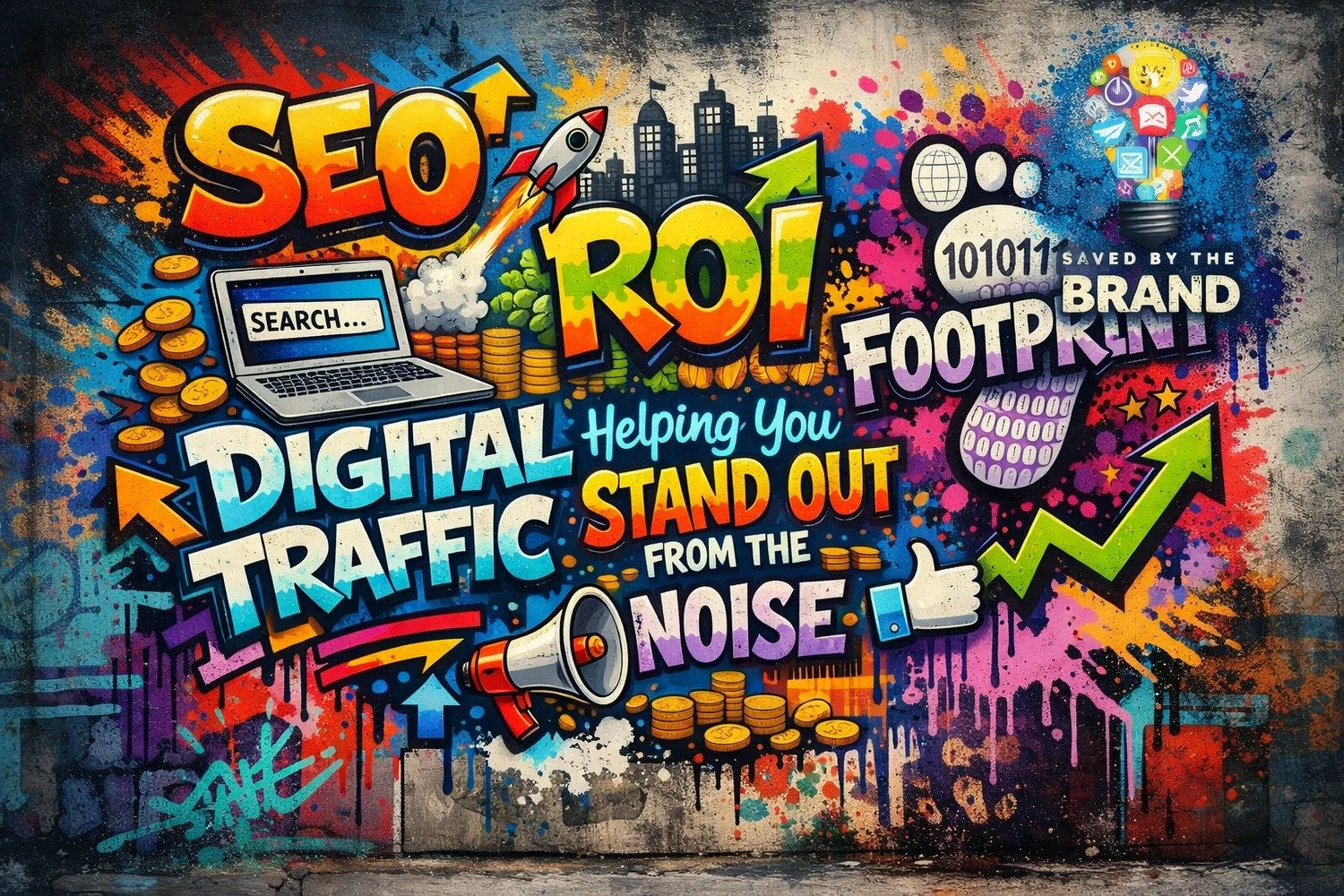 Colorful graffiti wall promoting digital marketing and SEO with words like SEO, ROI, digital traffic, standing out, noise, and branding. Includes icons such as a light bulb with colorful app icons, a laptop with search bar, coins, arrows, a megaphone