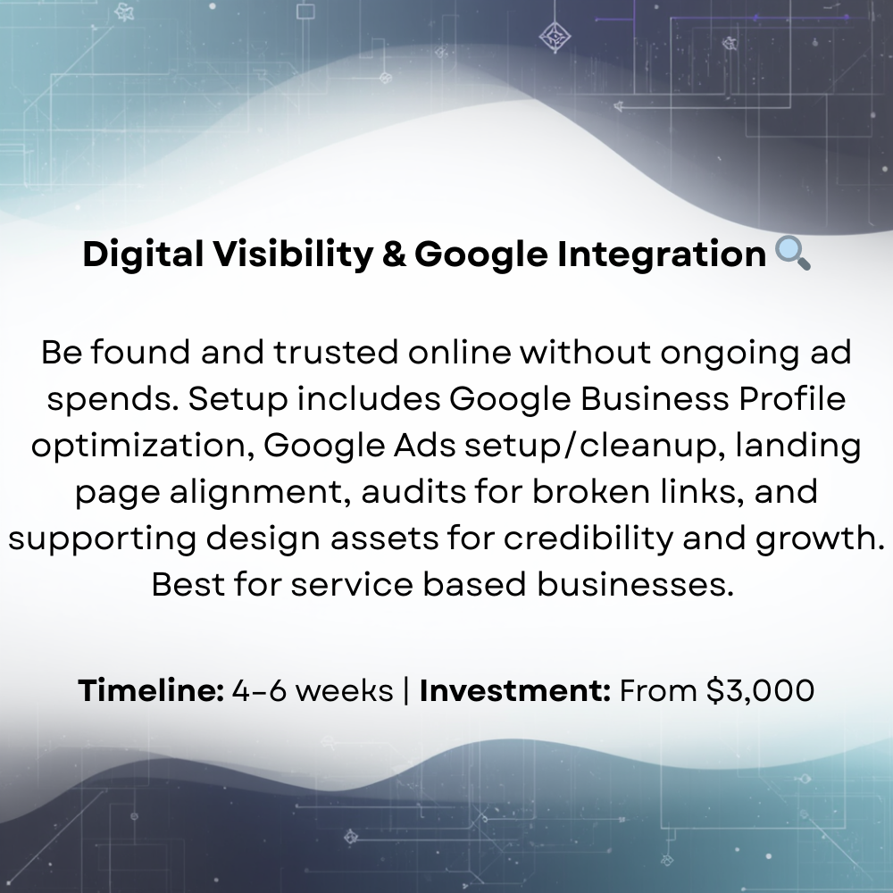 A digital marketing service advertisement with a technological background. The text discusses online visibility and Google integration services, including setup, optimization, and audits, targeted at service-based businesses. Key points include a timeline of 4-6 weeks and an investment starting from $3,000.