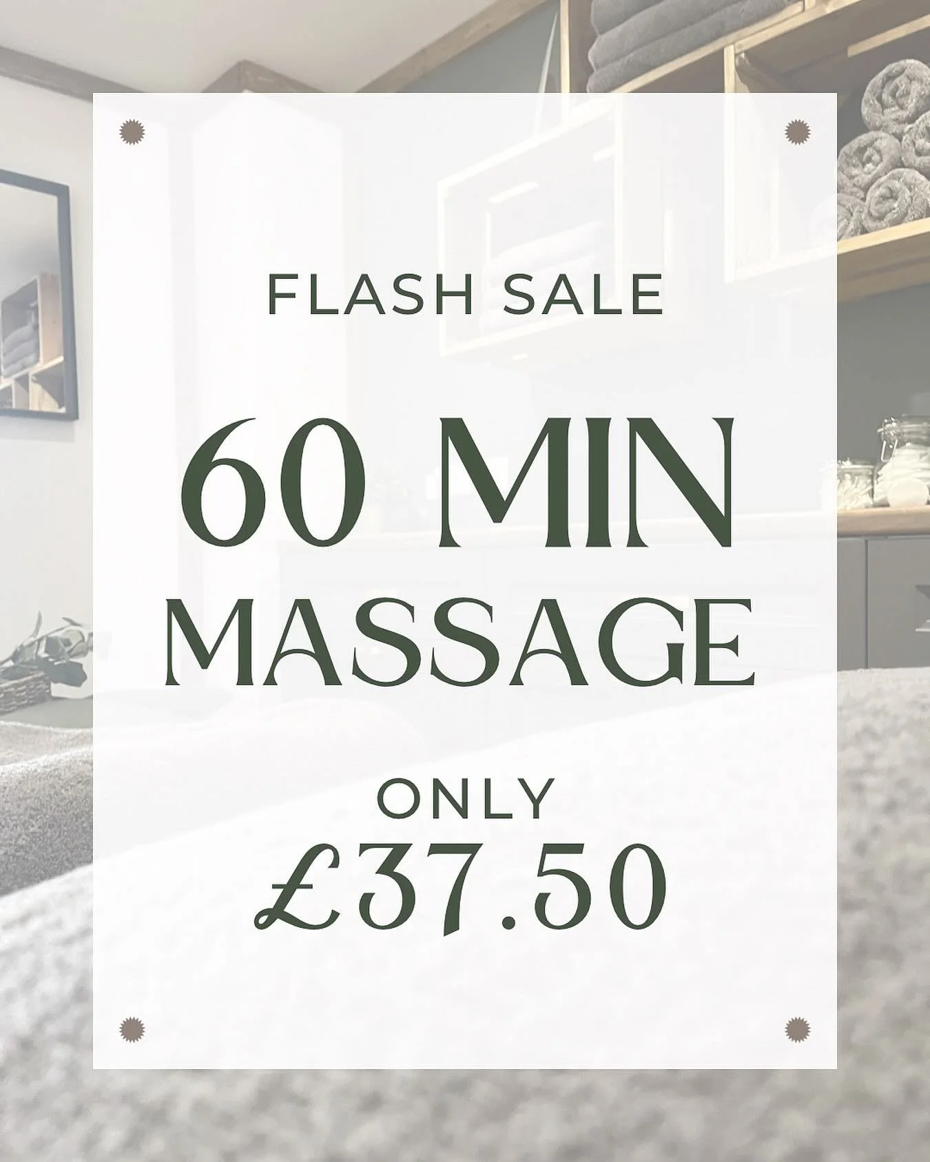 Our Most Popular Offer is BACK!
 
60 Minute Massage with Shanay only £37.50! (normally £52)
 
Available from Wednesday 8th Oct to Saturday 11th October.
 
Book Now from ONLY £37.50
Offer cannot be combined with any other offer.
Don