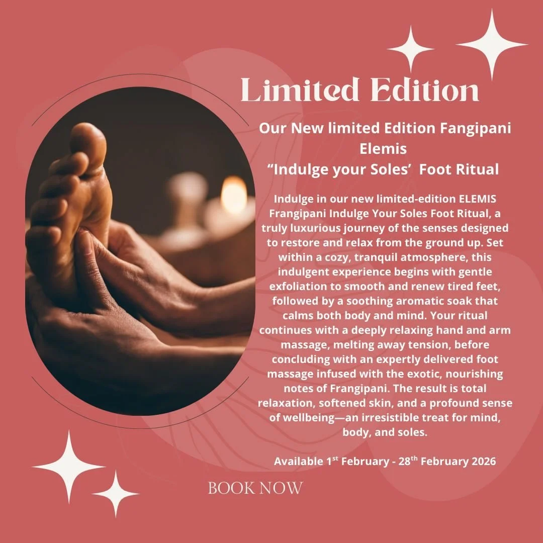 New Limited Edition Treatment
 
Indulge in our new limited-edition ELEMIS Frangipani Indulge Your Soles Foot Ritual, a truly luxurious journey of the senses designed to restore and relax from the ground up.
 
Set within a cozy, tranquil atmosphere, t