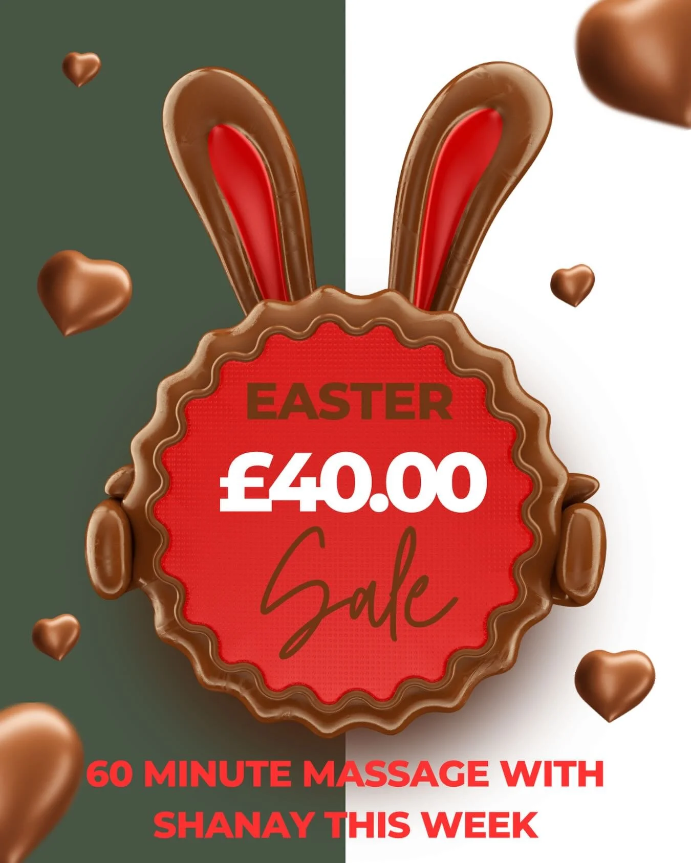 A Easter Treat for you 🌿 We have a limited time sale on our 60minute massage with our very talented Shanay @naturalbeautybexhill  just &pound;40.00 normally &pound;57.00 Shanay is extremely talented with her massage offering relaxing to deeper tensi