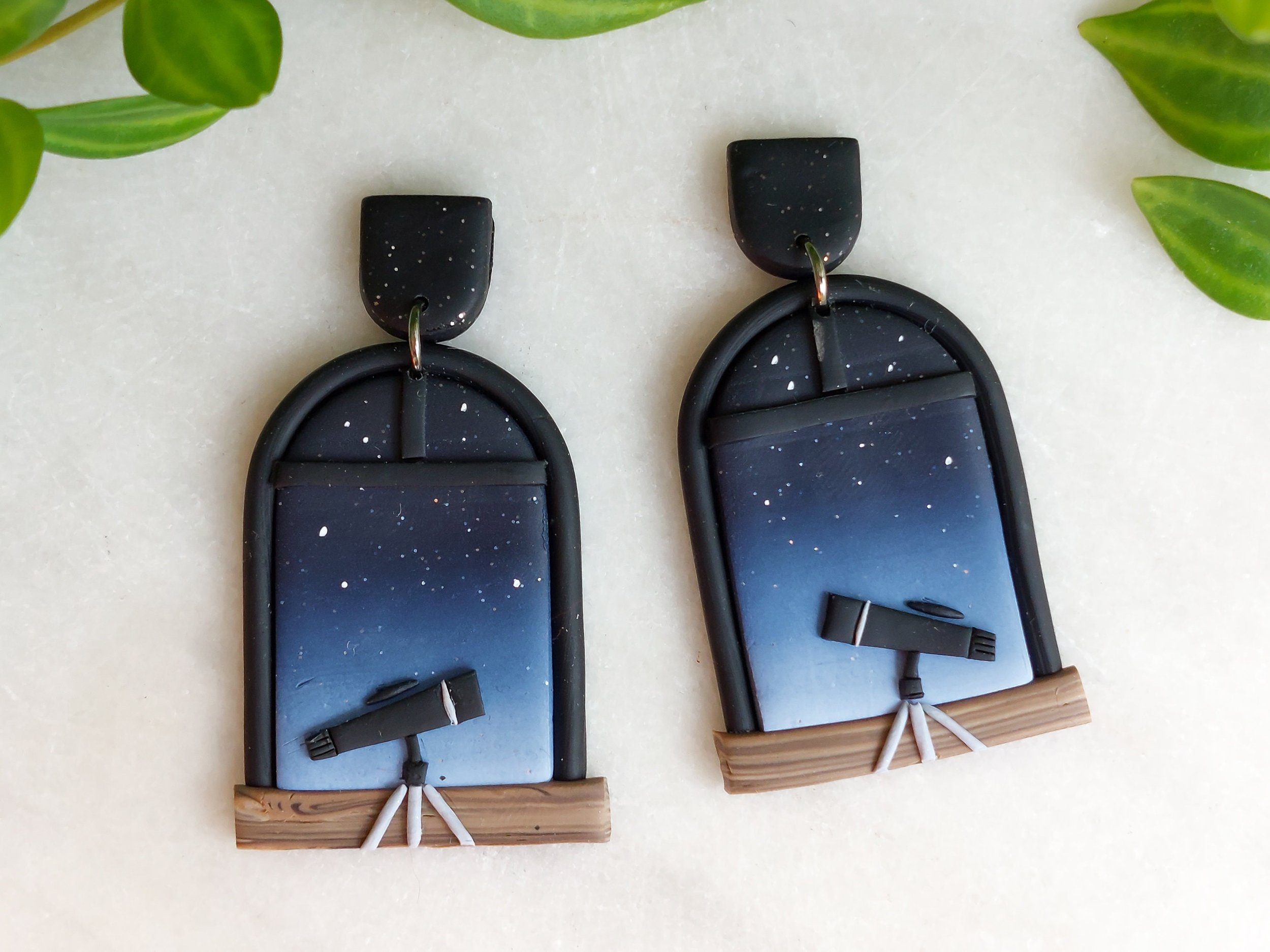 Handcrafted Telescope in the Window on a Starry Night Space Earrings by Woodsmoke and Willow