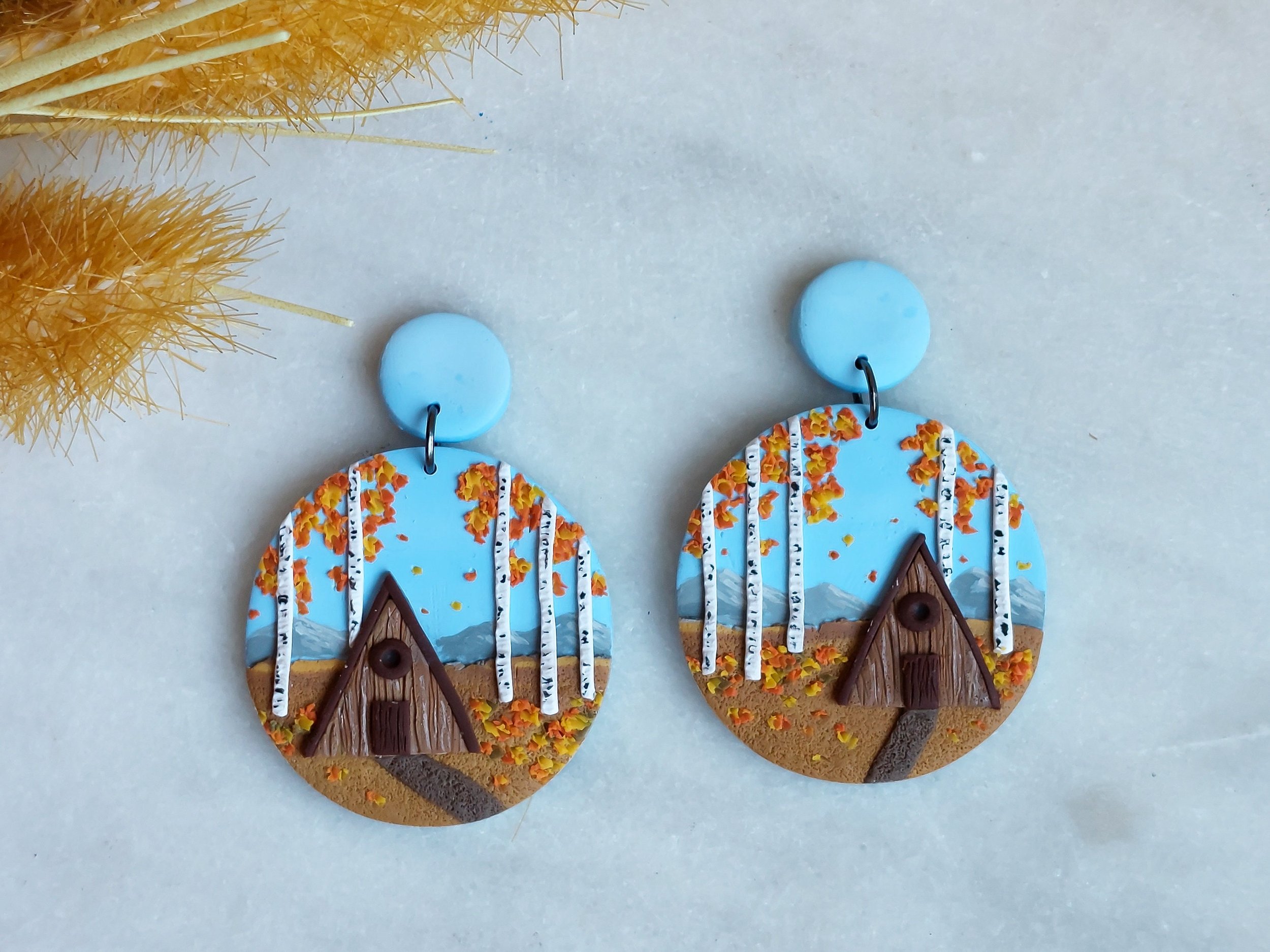Handcrafted A-Frame Cabin in an Autumn Aspen Forest Earrings by Woodsmoke and Willow