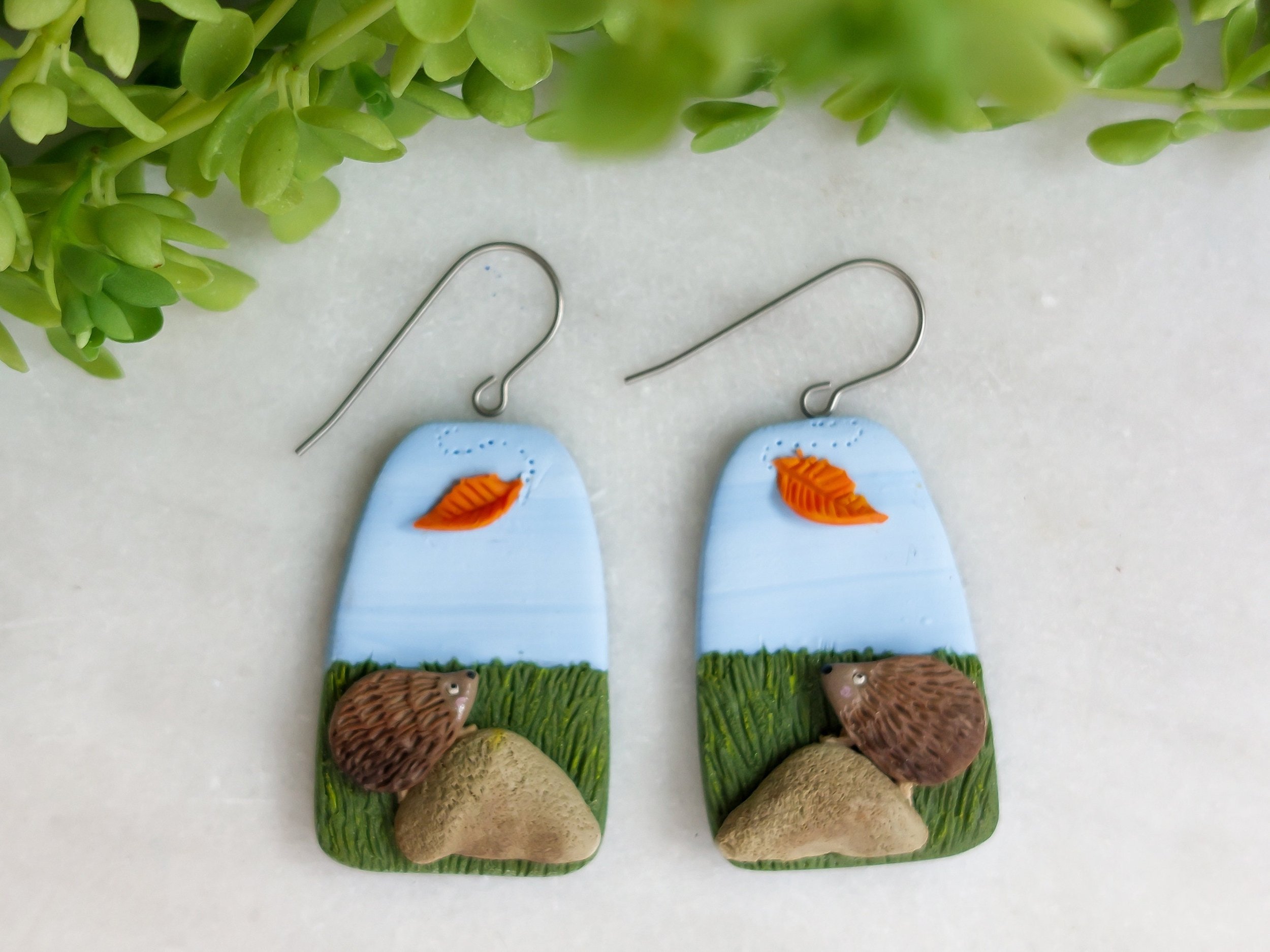 Handcrafted Hedgehog Earrings with First Leaf in Autumn by Woodsmoke and Willow