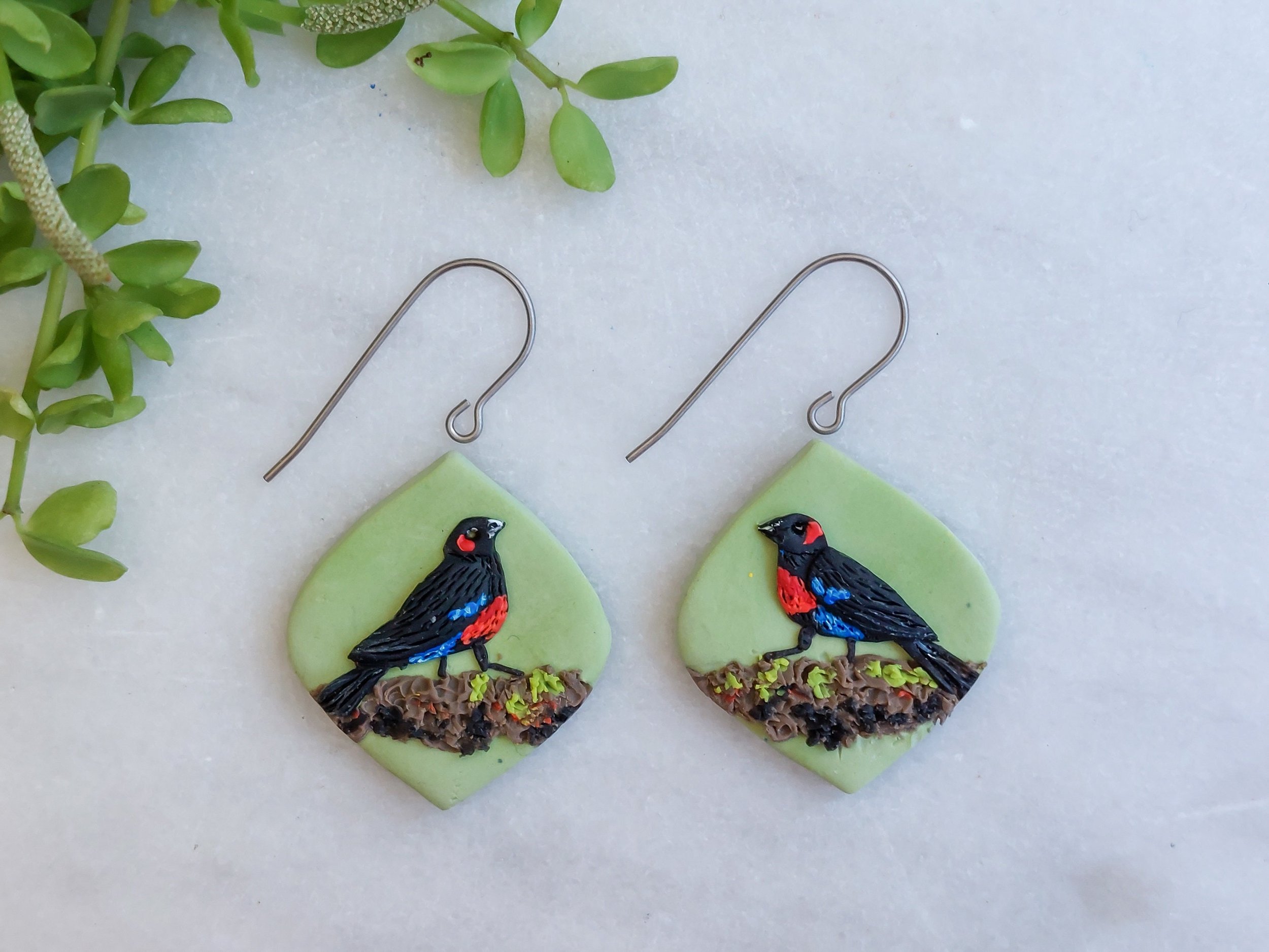 Handmade Scarlet-Bellied Mountain Tanager Stud or Dangle Earrings, Polymer Clay and Titanium by Woodsmoke and Willow