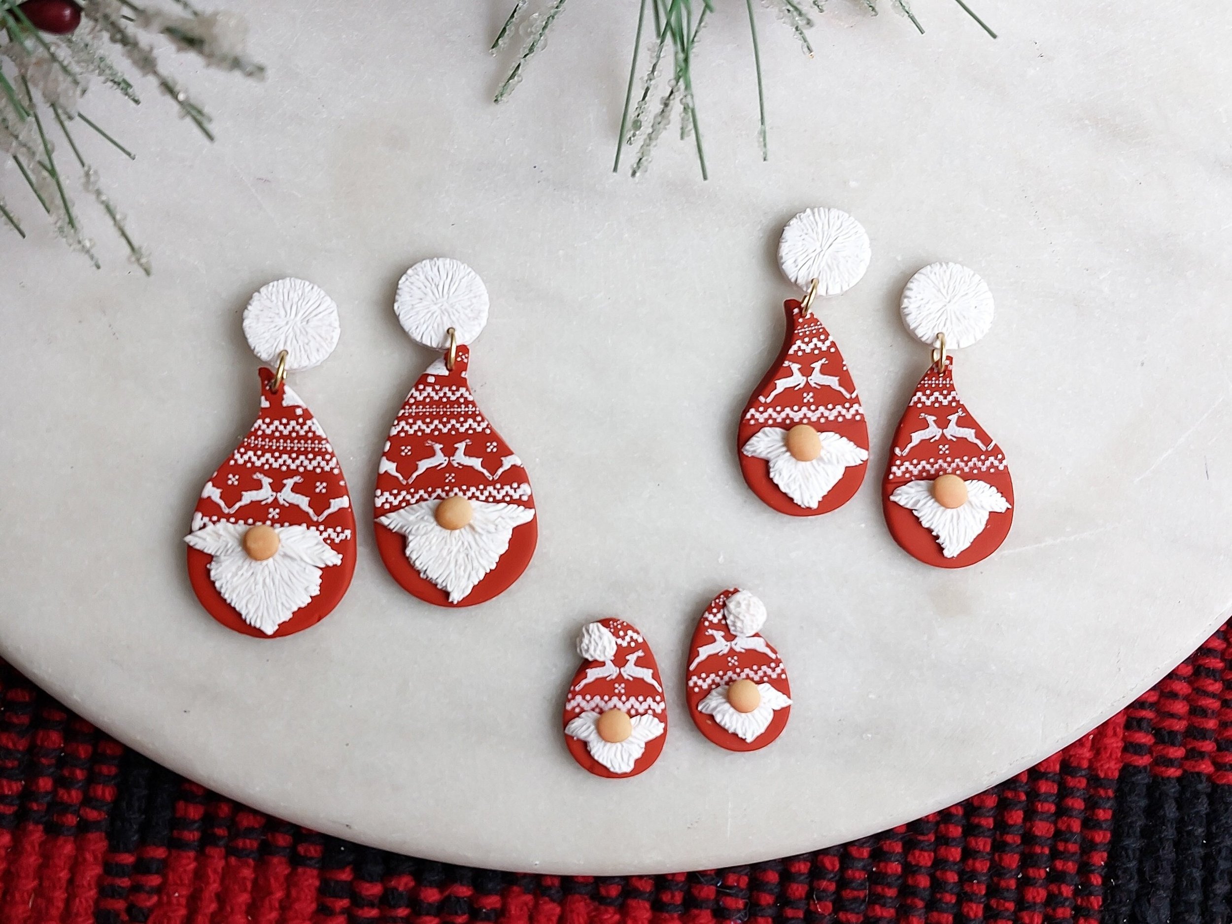 Handmade Nordic Inspired Deer Print Hat Earrings, Polymer Clay and Titanium by Woodsmoke and Willow