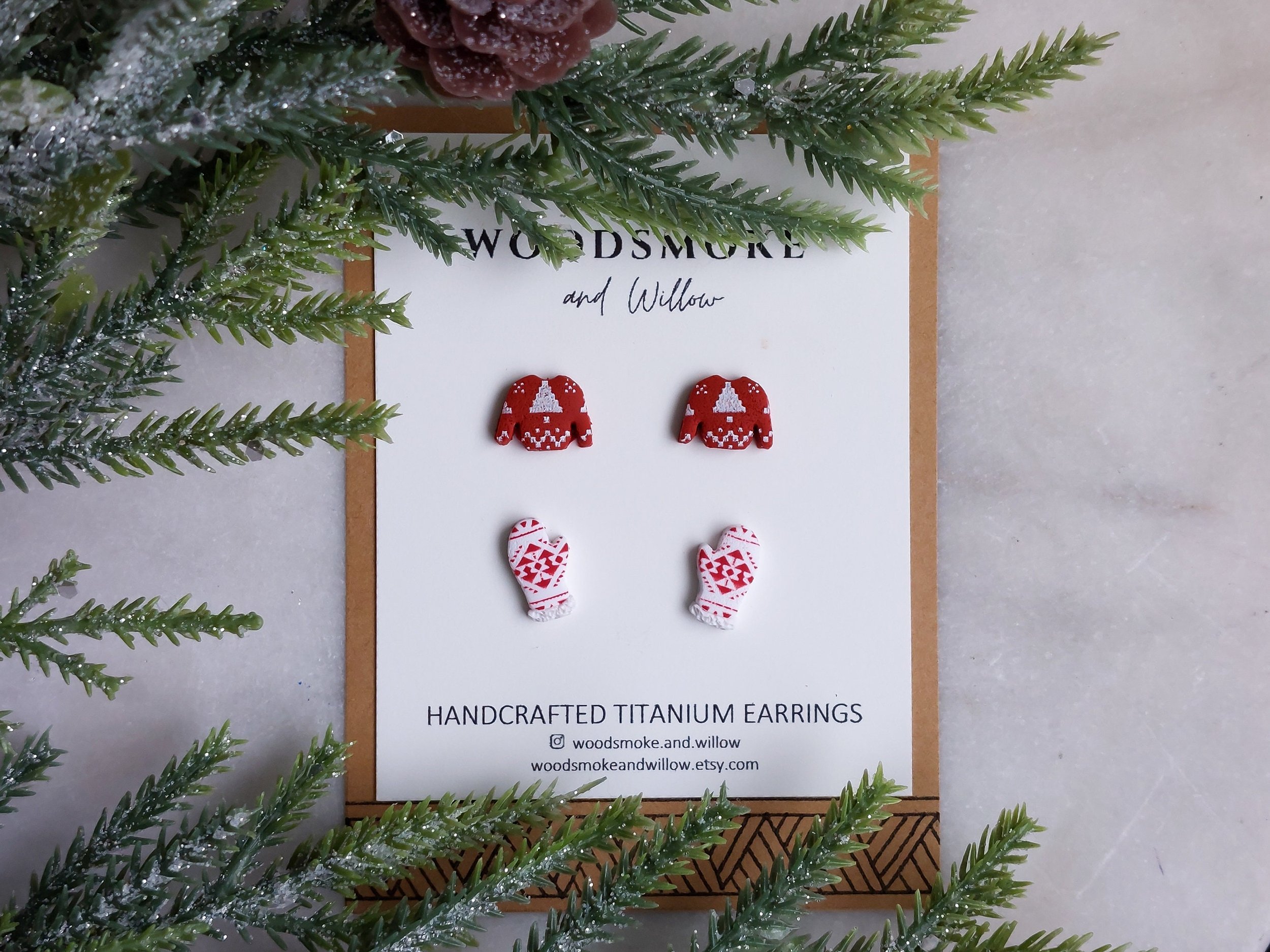 Handmade Nordic Inspired Winter Clothing Tiny Stud Earrings, Polymer Clay and Titanium by Woodsmoke and Willow
