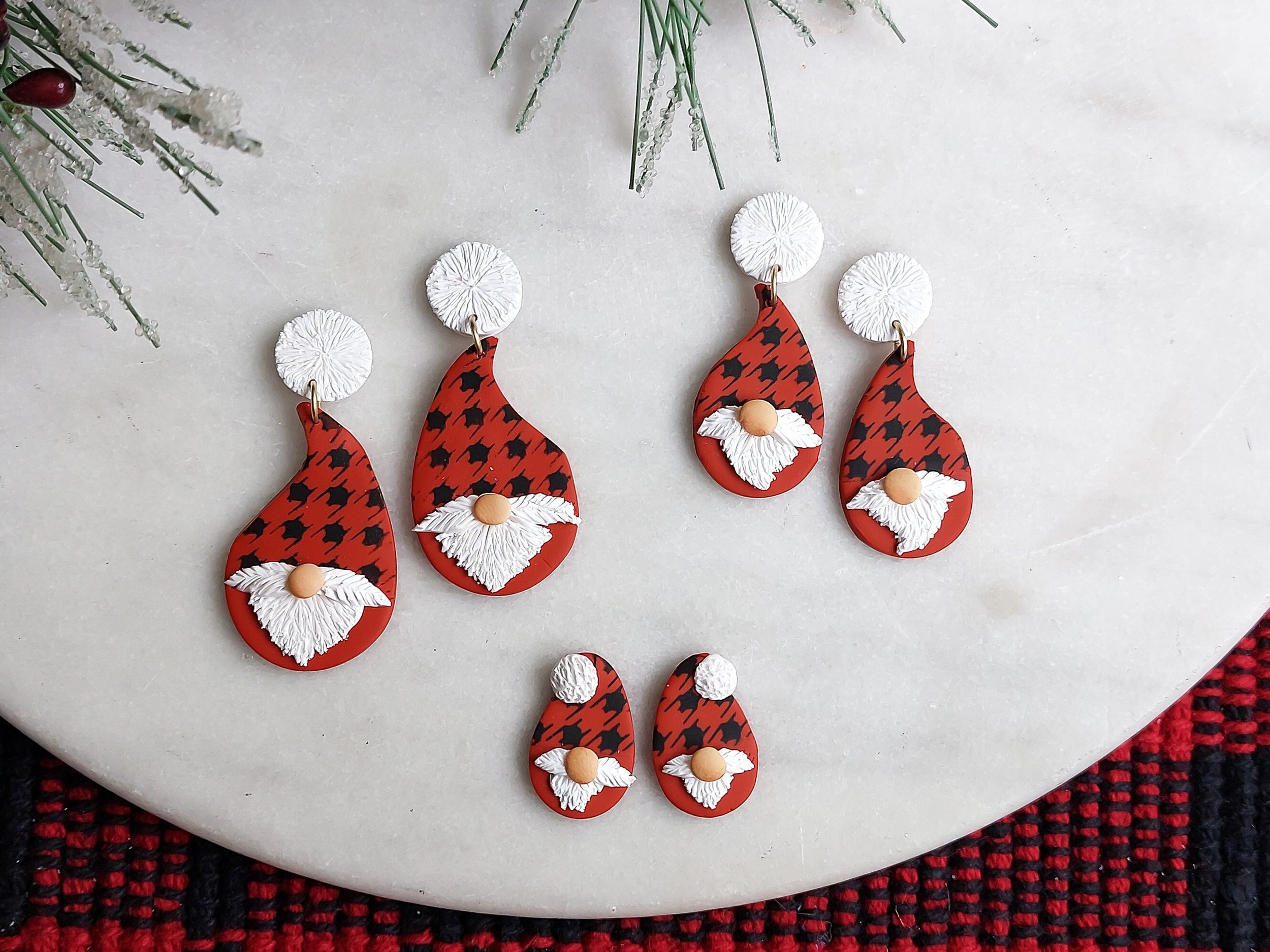 Handmade Gnome in Buffalo Check Hat Earrings, Polymer Clay and Titanium by Woodsmoke and Willow