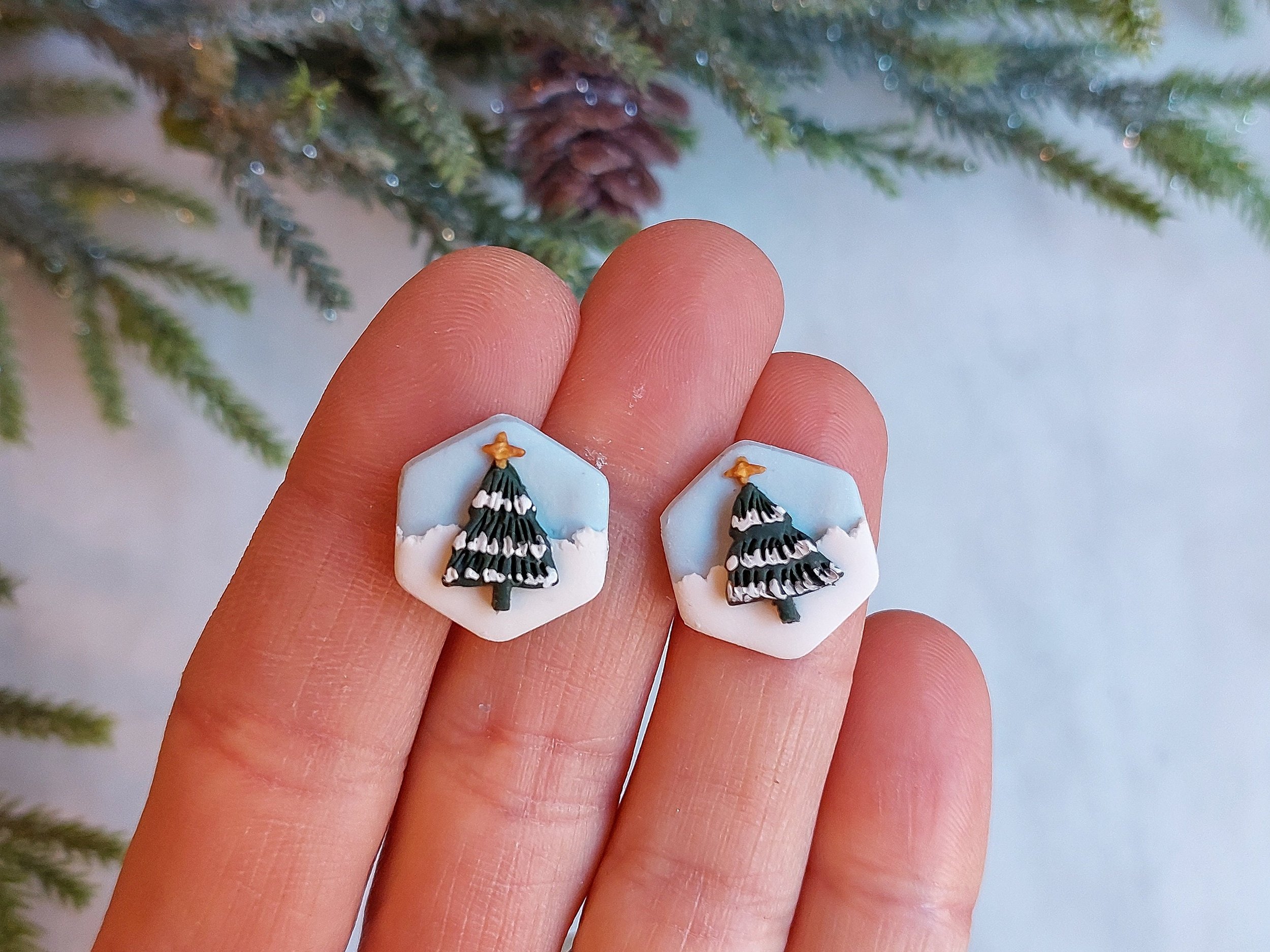 Handmade Holiday Stud Earrings, Polymer Clay and Titanium by Woodsmoke and Willow