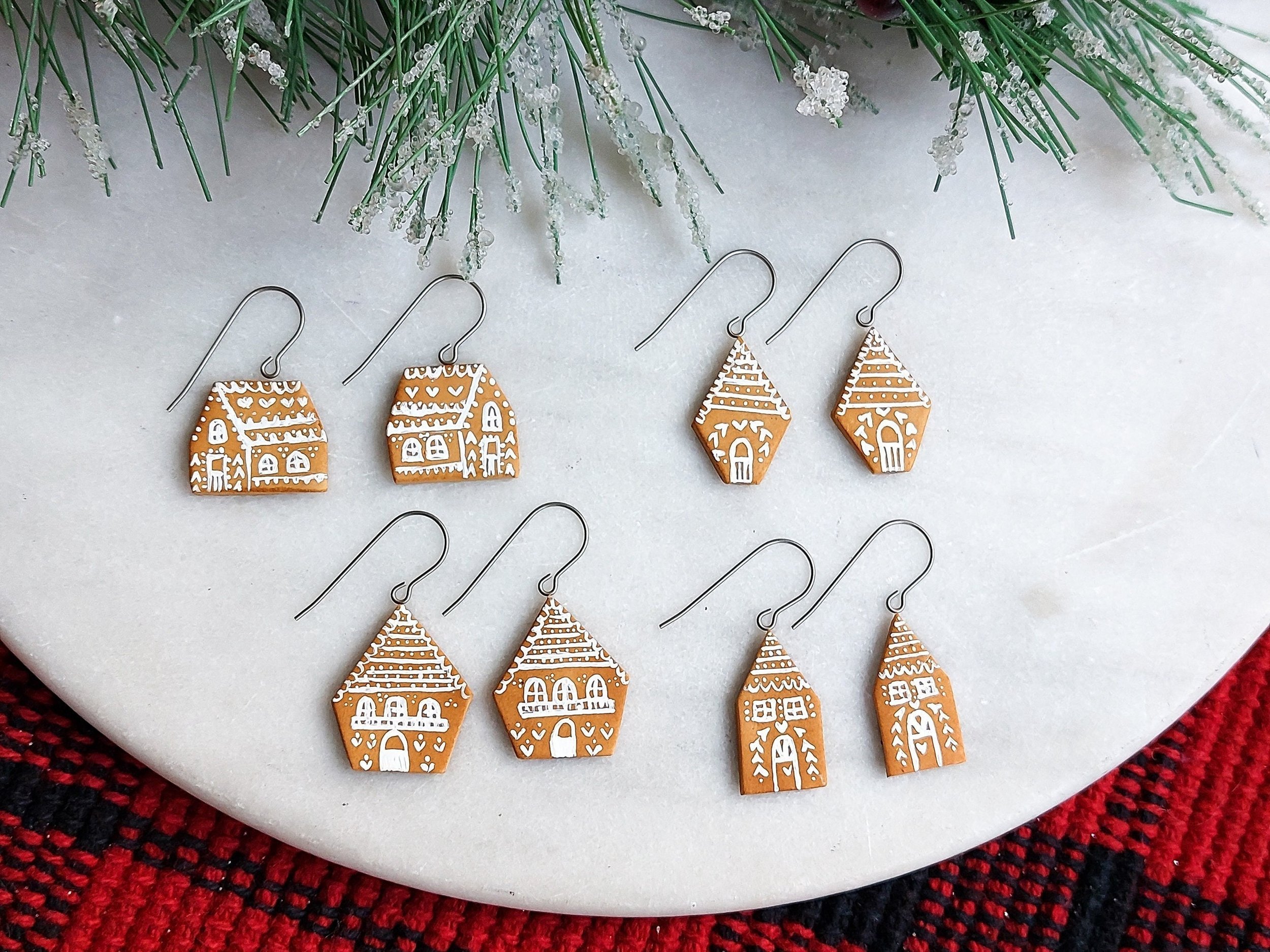 Handmade Nordic Inspired Gingerbread House Earrings by Woodsmoke and Willow