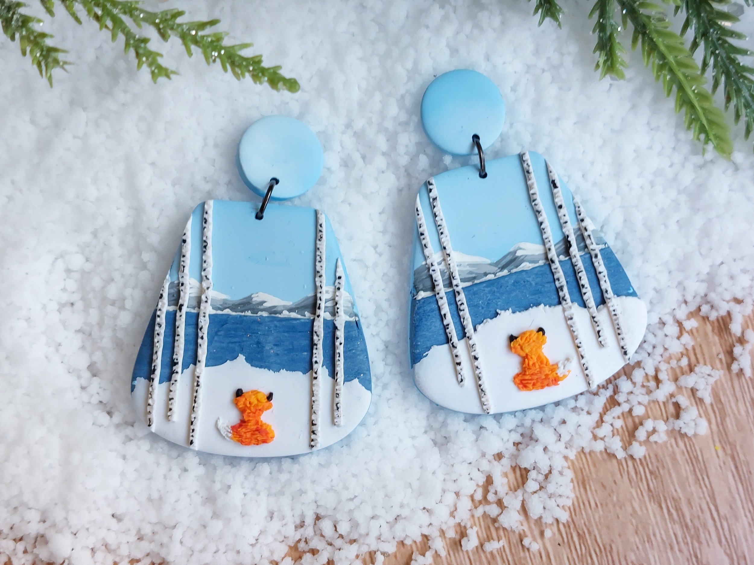 Handmade Fox in a Winter Aspen Forest Earrings, Polymer Clay and Titanium by Woodsmoke and Willow