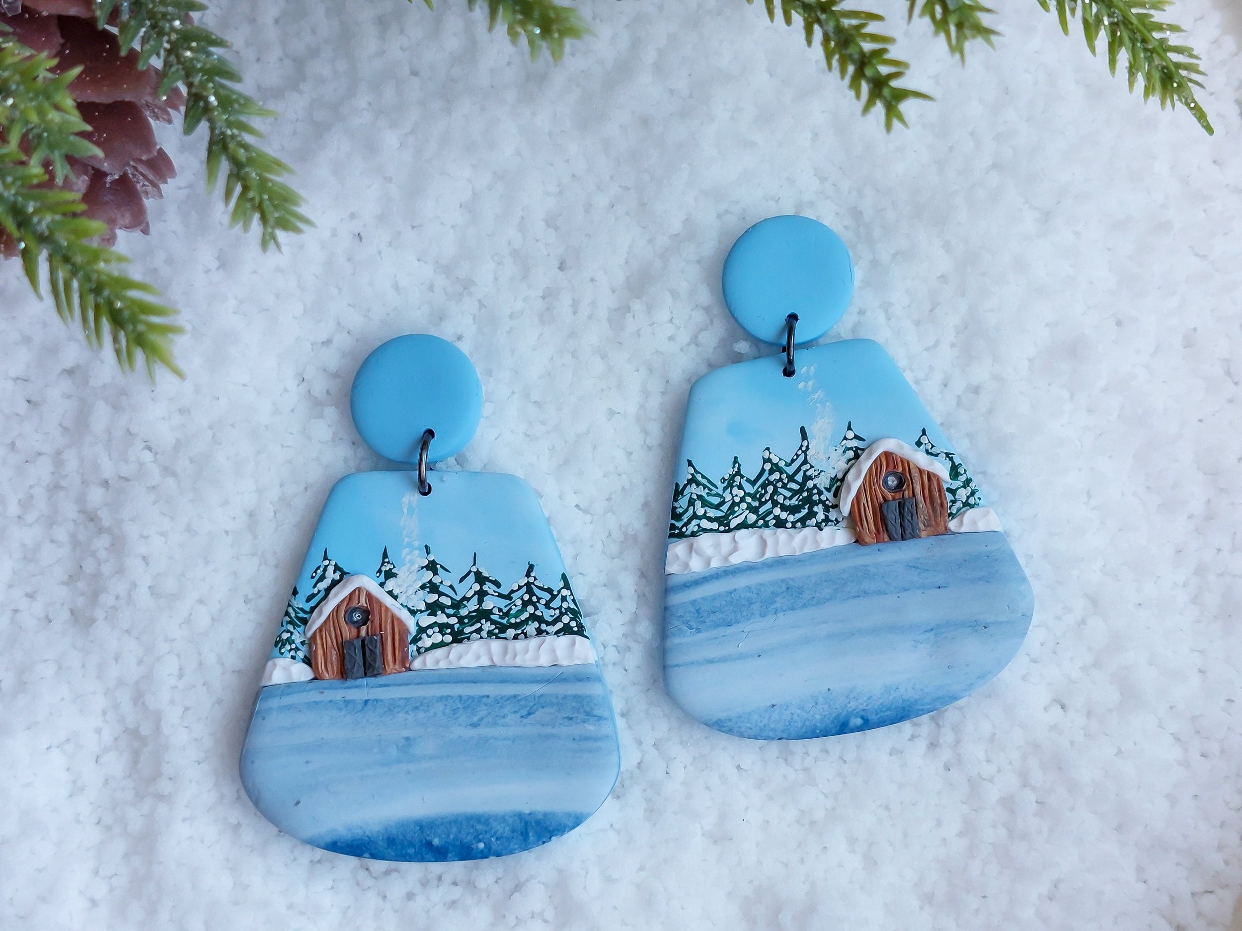 Handmade Cozy Cabin in a Winter Wonderland Earrings, Polymer Clay and Titanium by Woodsmoke and Willow
