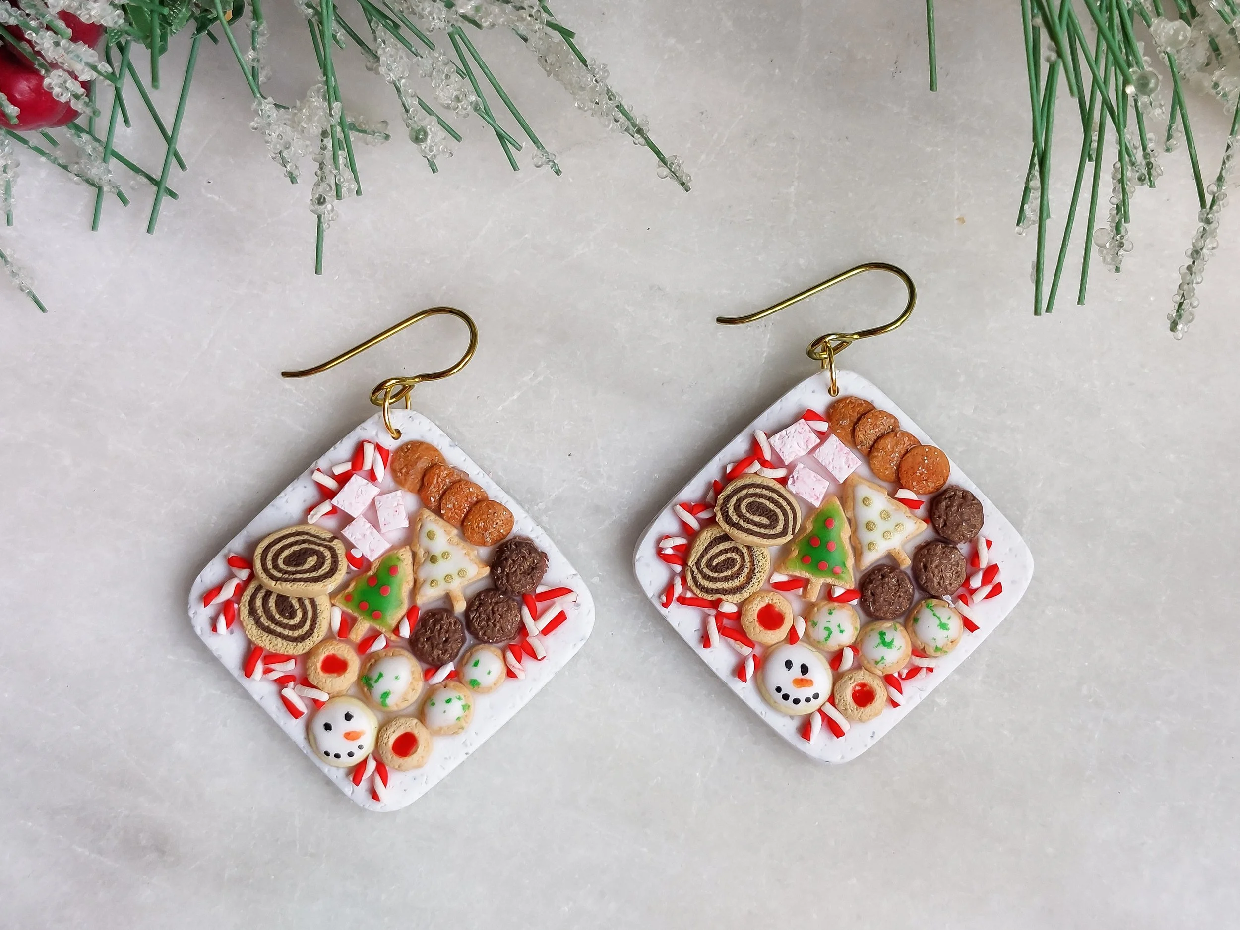 Handmade Dessert Charcuterie on Stone Platter Earrings - Platter 1, Polymer Clay and Titanium or Niobium by Woodsmoke and Willow