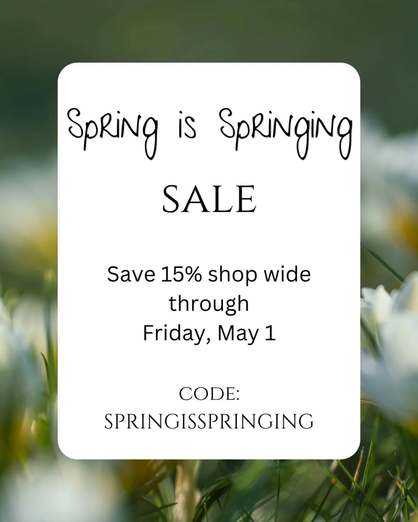 Ok let's be honest. Spring isn't exactly springing here in Alberta, but if we close our eyes and imagine what three weeks from now will look like... 🌱🌷🌼🌿💐🐛

Meanwhile, IT'S SPRING SOMEWHERE, so let's celebrate that!

Until Friday, May 1, enjoy 