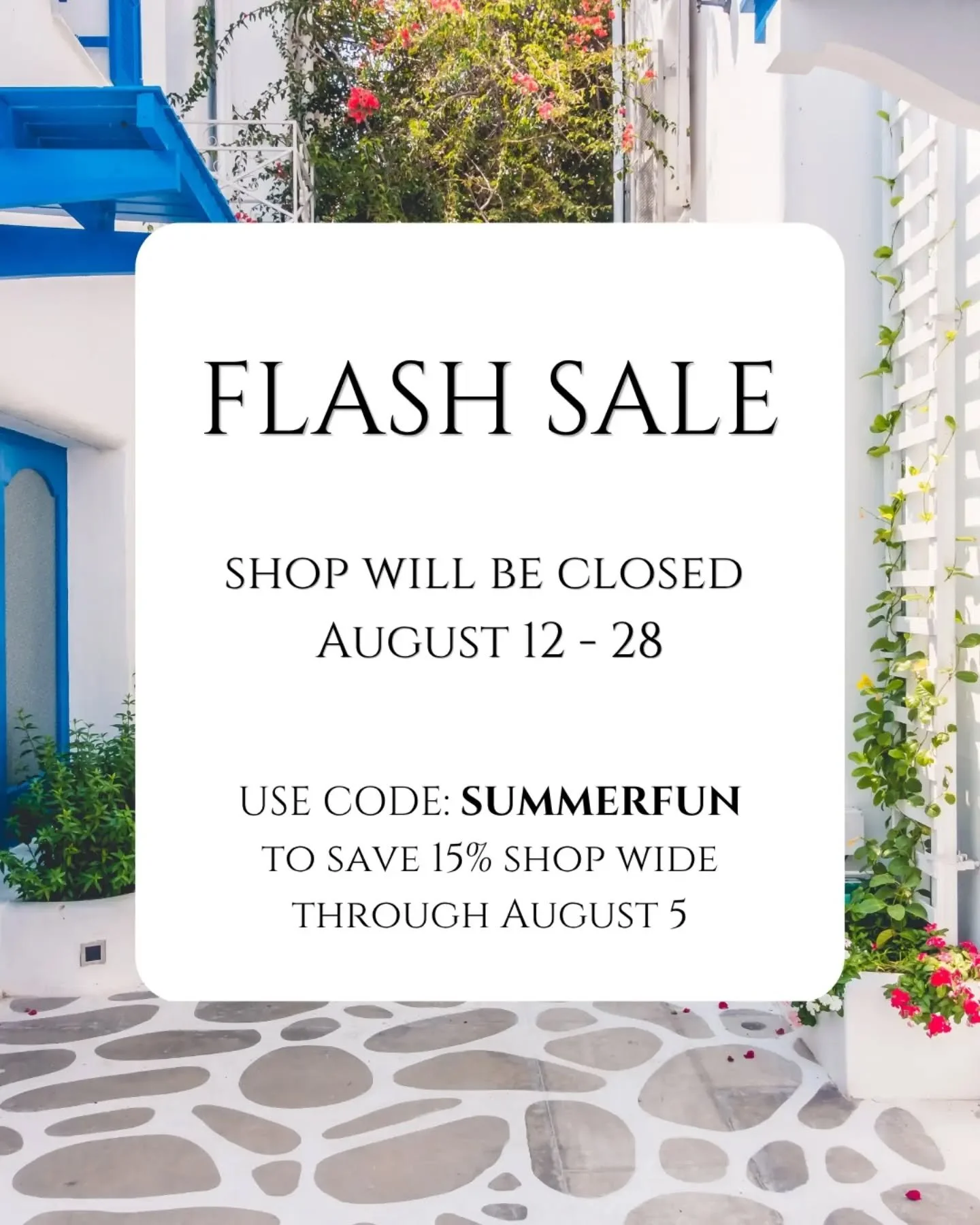 FLASH SALE!  Today and tomorrow (Aug 5): use code SUMMERFUN to save 15% shop-wide at woodsmokeandwillow.com

In case you missed it, we will be closed between August 12-28 for summer break.

We&rsquo;ll be back in late August with a new round of fall 