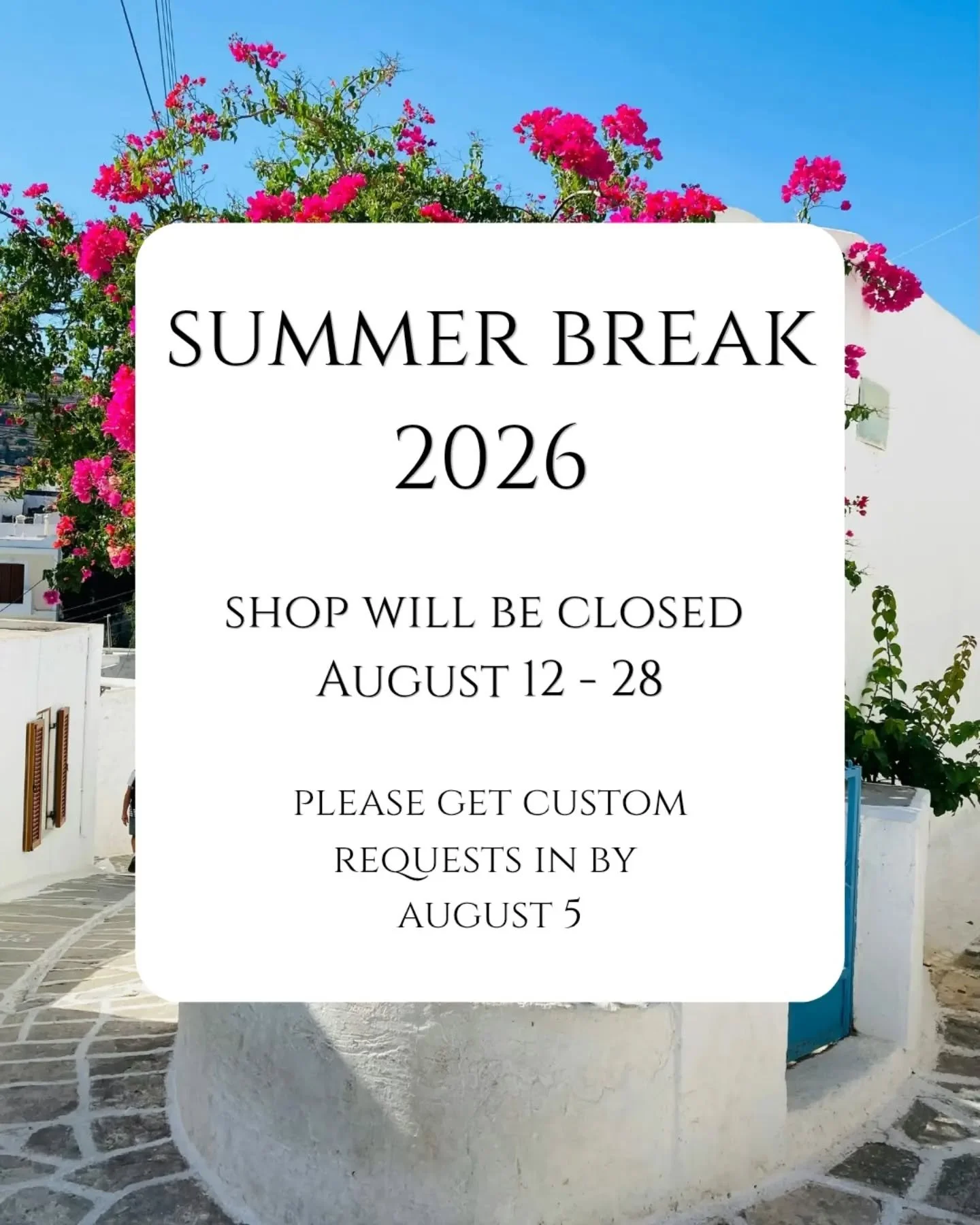 Hey friends!  Just a heads up: I'll be closing the shop between August 12 - 28 for summer break, so please get any orders in by August 11th so I can ship them before I close!  For custom requests, please get those in by August 5th. 

For those of you