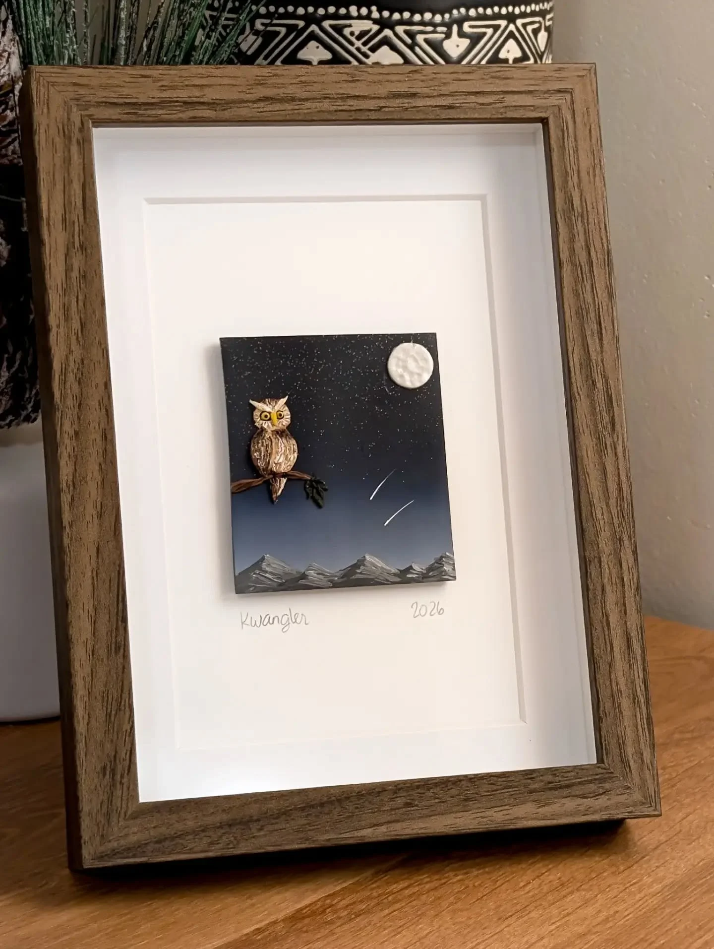 This little cutie in a 5x7 frame is coming with me to upcoming markets! 🦉🌕☄️✨ 

Next up: Hello Pretty Holiday Market, November 14 &amp; 15 at North East River Valley Park, Edmonton.

Whimsical art | owl art | shop local | made in Canada