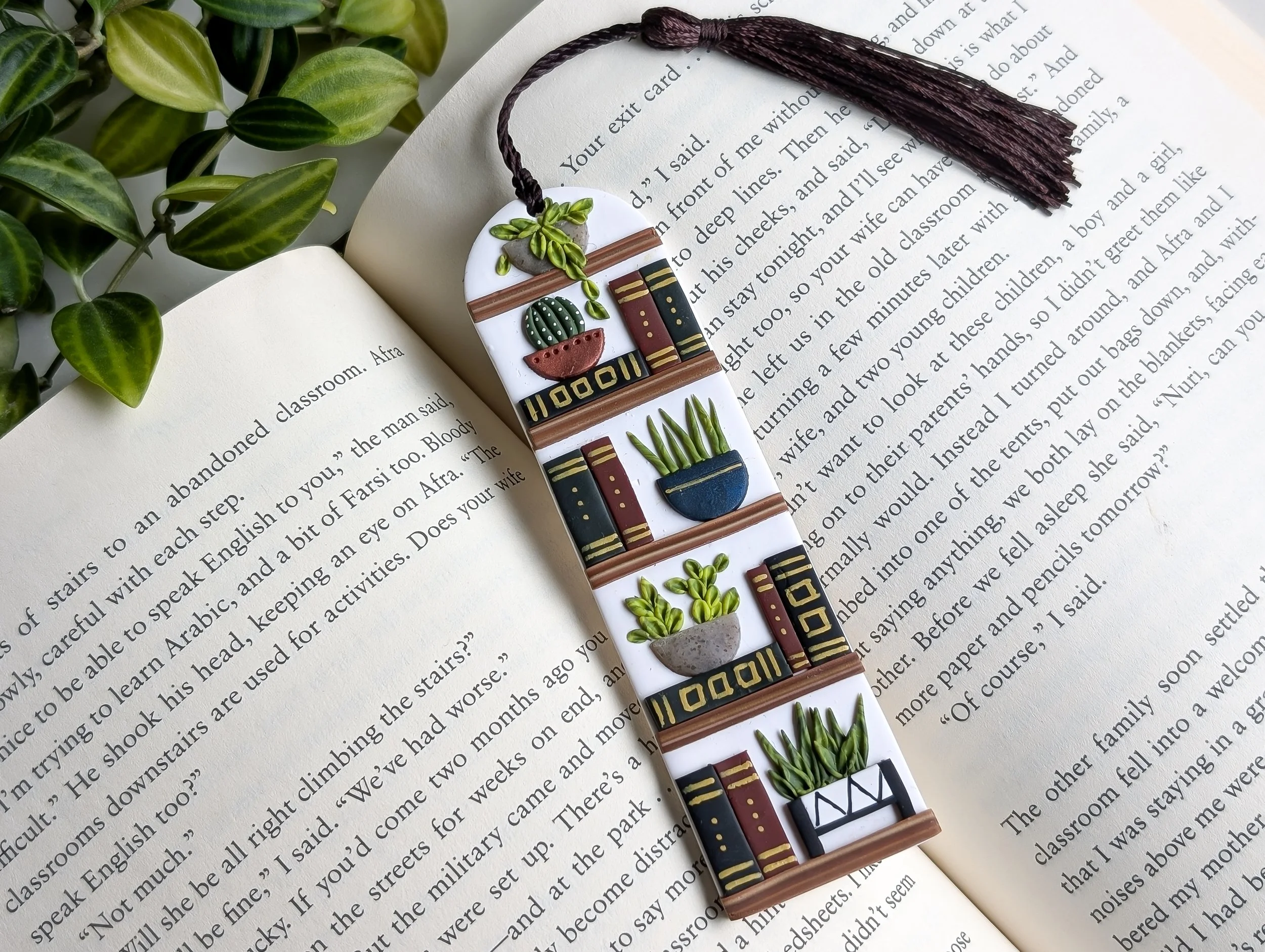 Luxury Hand Sculpted Polymer Clay Bookmark featuring a modern bookcase with plants, books and art