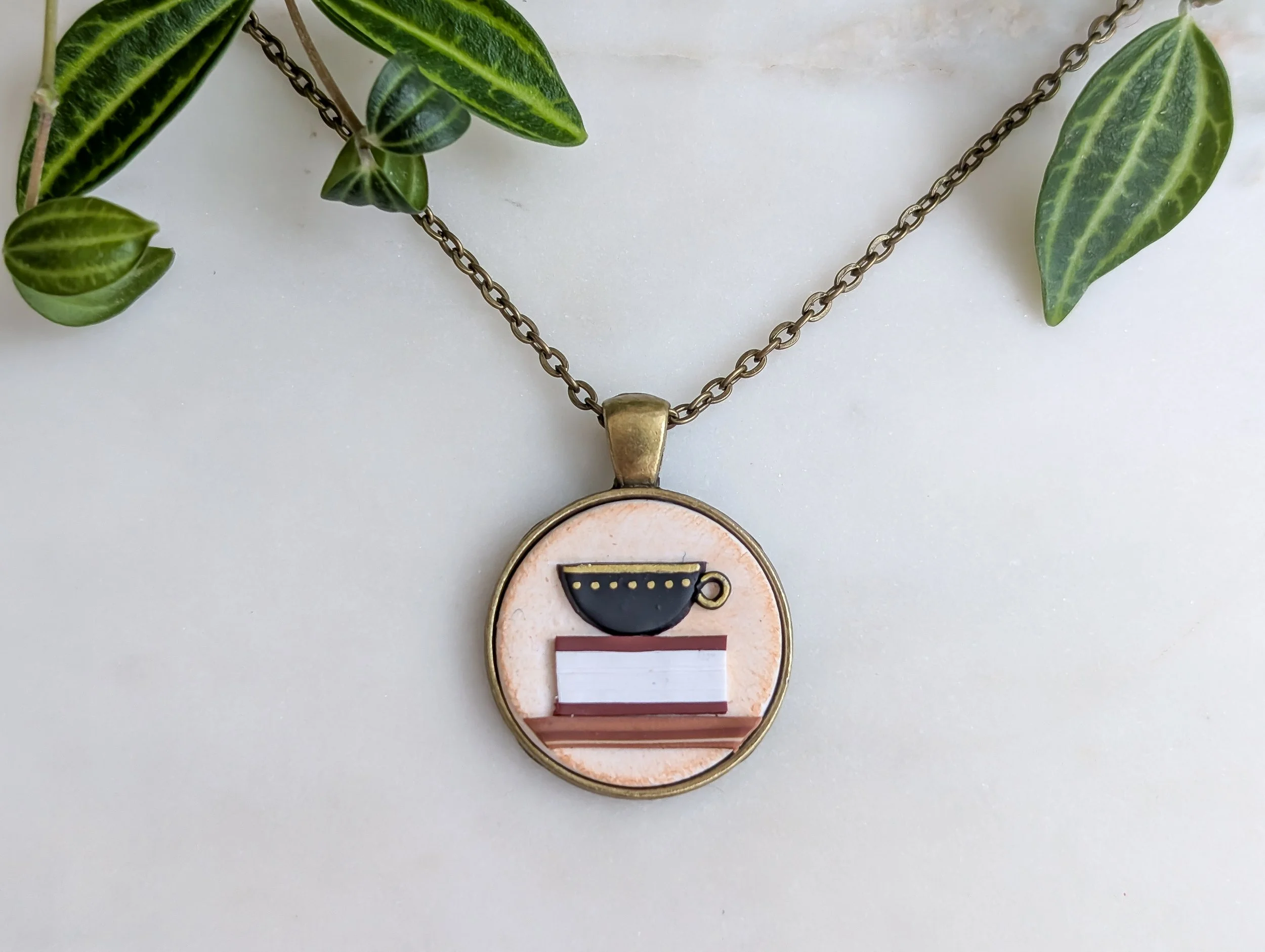 Antique Books on a Shelf Pendant Necklace