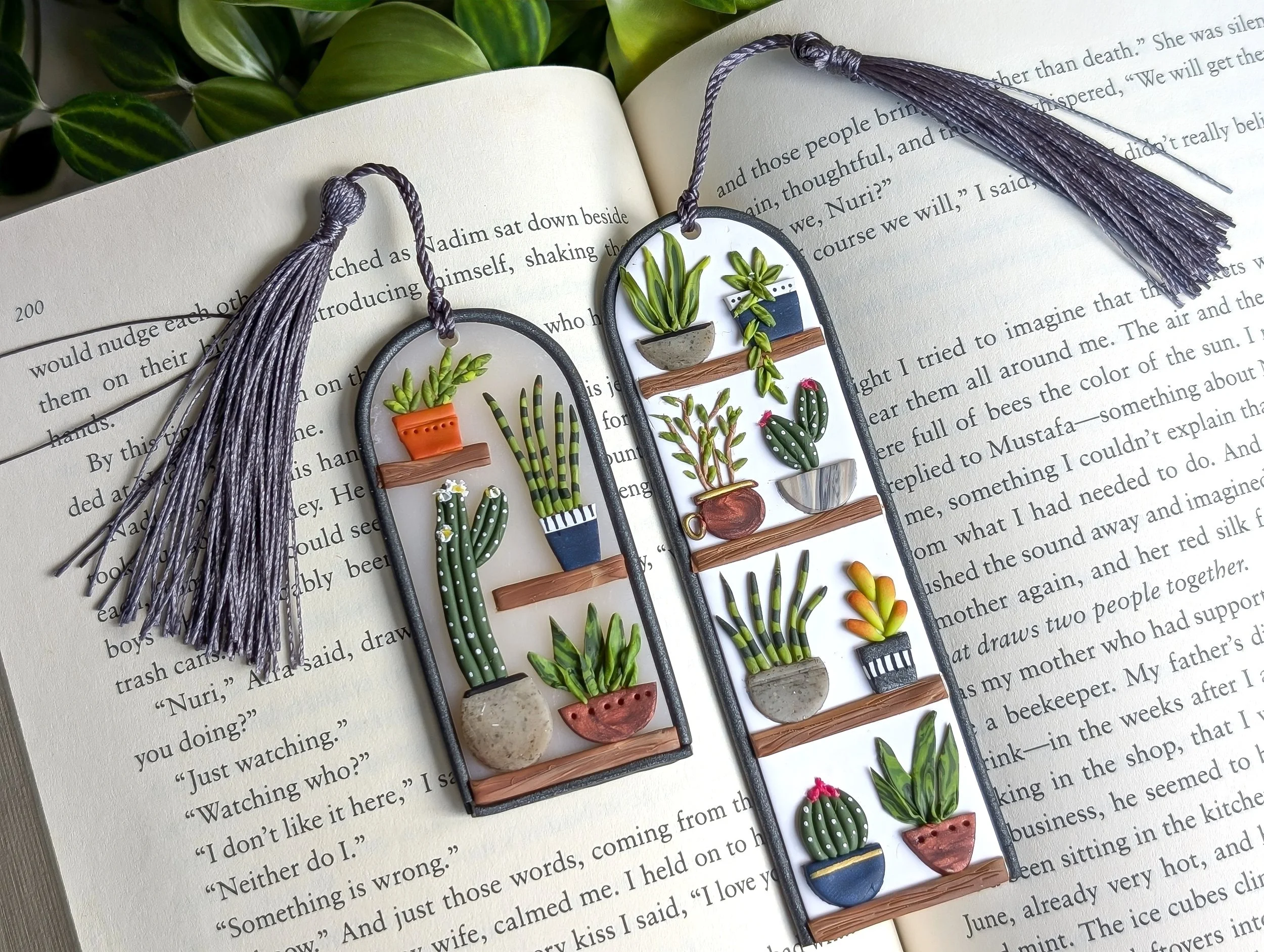 Luxury Hand Sculpted Polymer Clay Bookmark featuring a modern greenhouse with vibrant potted plants