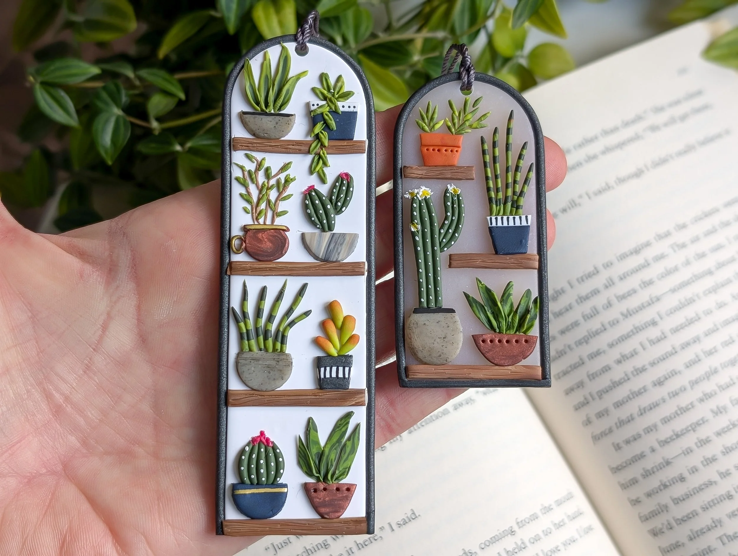 Luxury Hand Sculpted Polymer Clay Bookmark featuring a modern greenhouse with vibrant potted plants