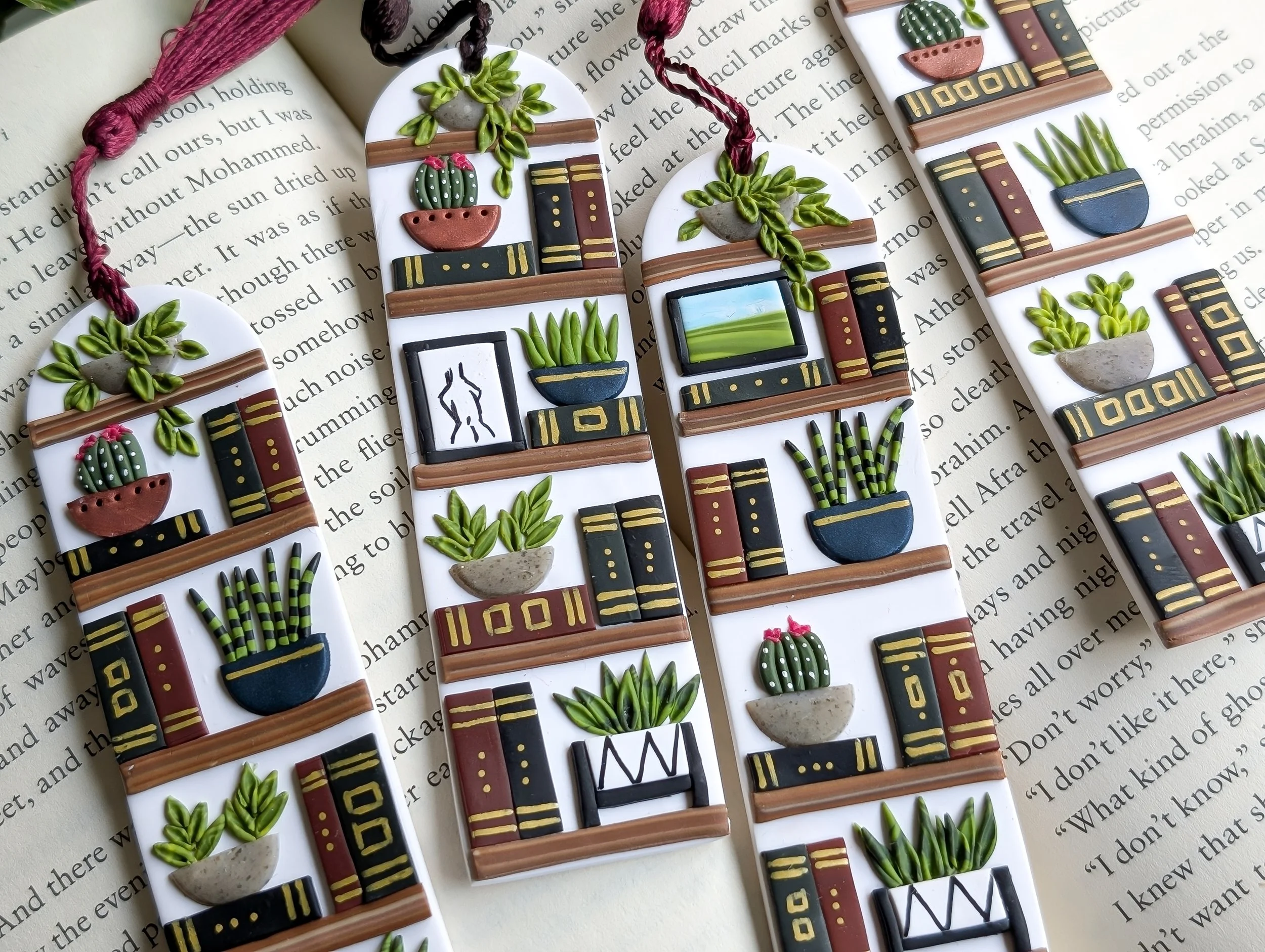 Luxury Hand Sculpted Polymer Clay Bookmark featuring a modern bookcase with plants, books and art