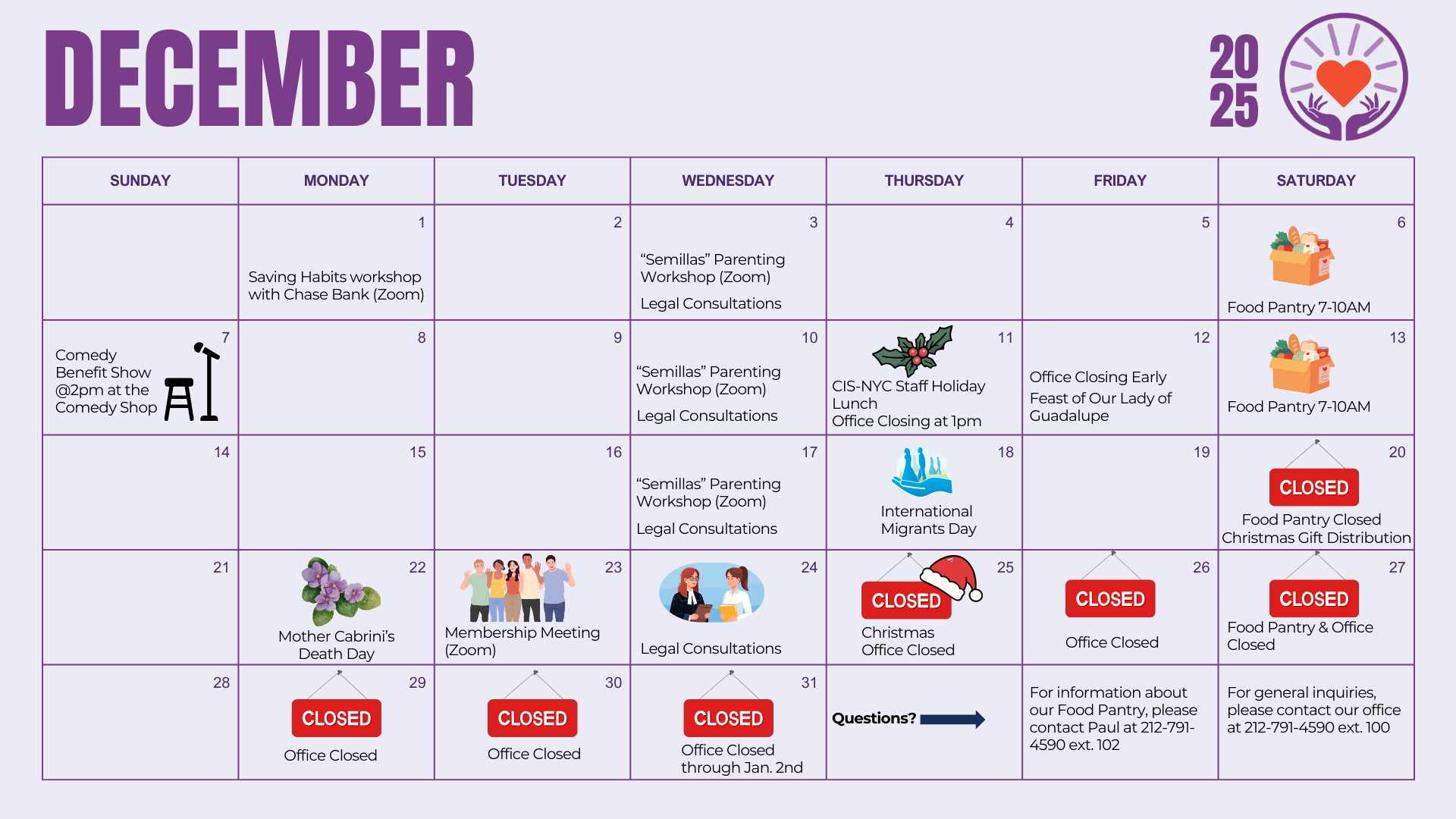 December 2025 monthly calendar of events