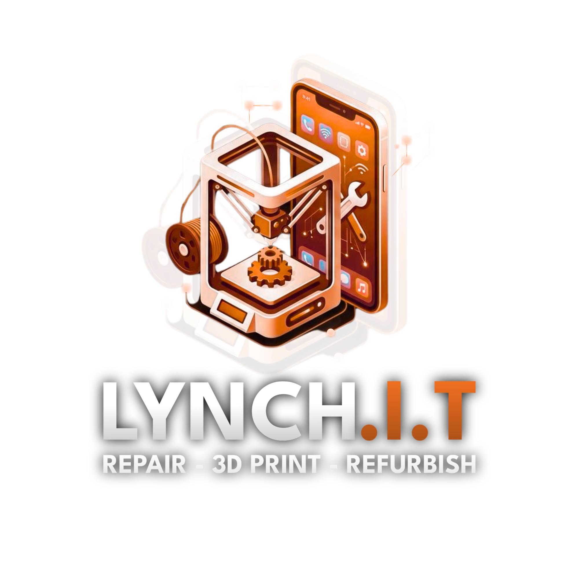 Lynch I.T logo with an illustration of a smartphone, 3D printer, gears, and tools, emphasizing repair, 3D printing, and refurbishment services.