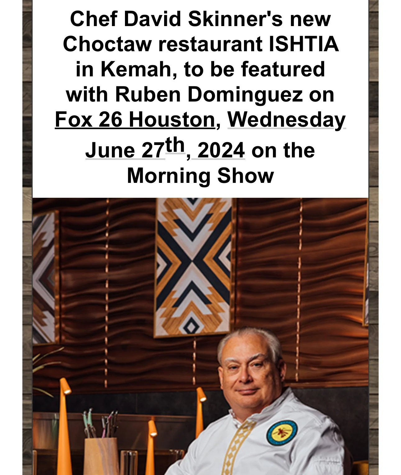 #HeadsUp #Houston FOX 26 Houston Morning Show Thu 6/27 with #RubenDominguez live from Ishtia in #Kemah #TX #HoustonFoodies #HTXFoodScene #TravelingChefSkinner #DiningDestination #Choctaw #IndigenousIngredients #NativeRestaurants #HoustonEats #Houston